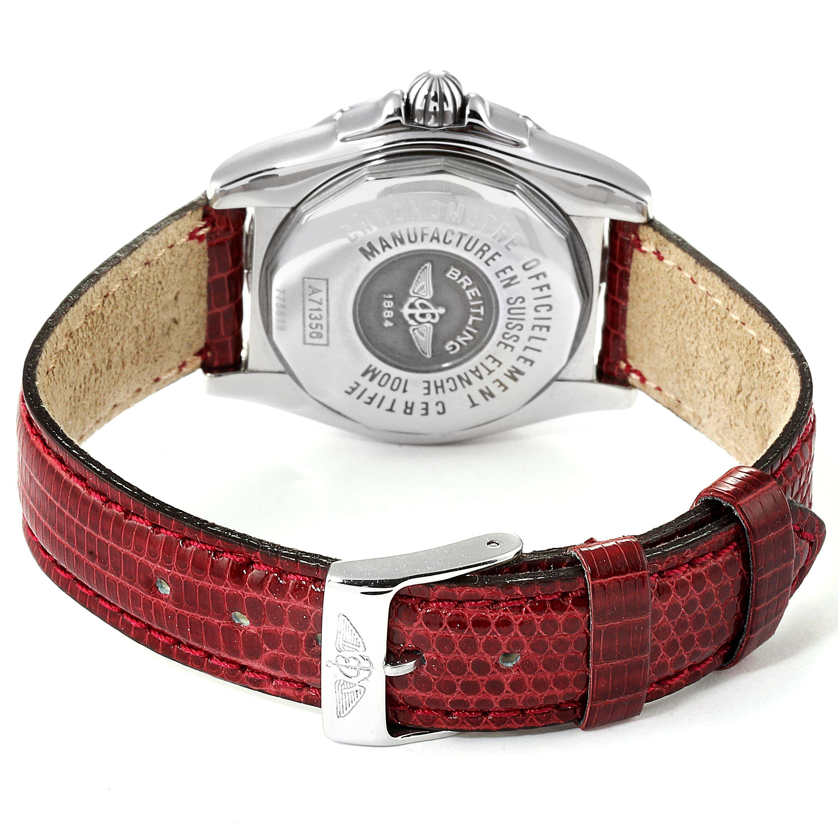 The image shows the back case and red leather strap of a Breitling A71356 Women's Stainless Steel Brown Dial A71356 Women's Stainless Steel Brown Dial Windrider Cockpit Bronze Diamond Dial Ladies Watch A71356.