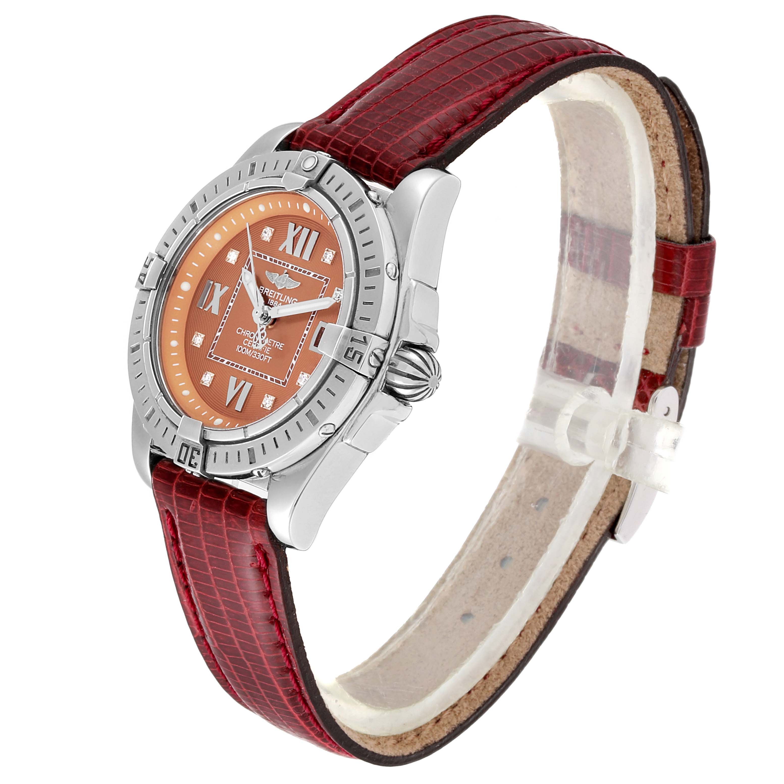 The image shows a side-angle view of a Breitling A71356 Women's Stainless Steel Brown Dial A71356 Women's Stainless Steel Brown Dial Windrider Cockpit Bronze Diamond Dial Ladies Watch A71356, highlighting its dial, bezel, and strap.