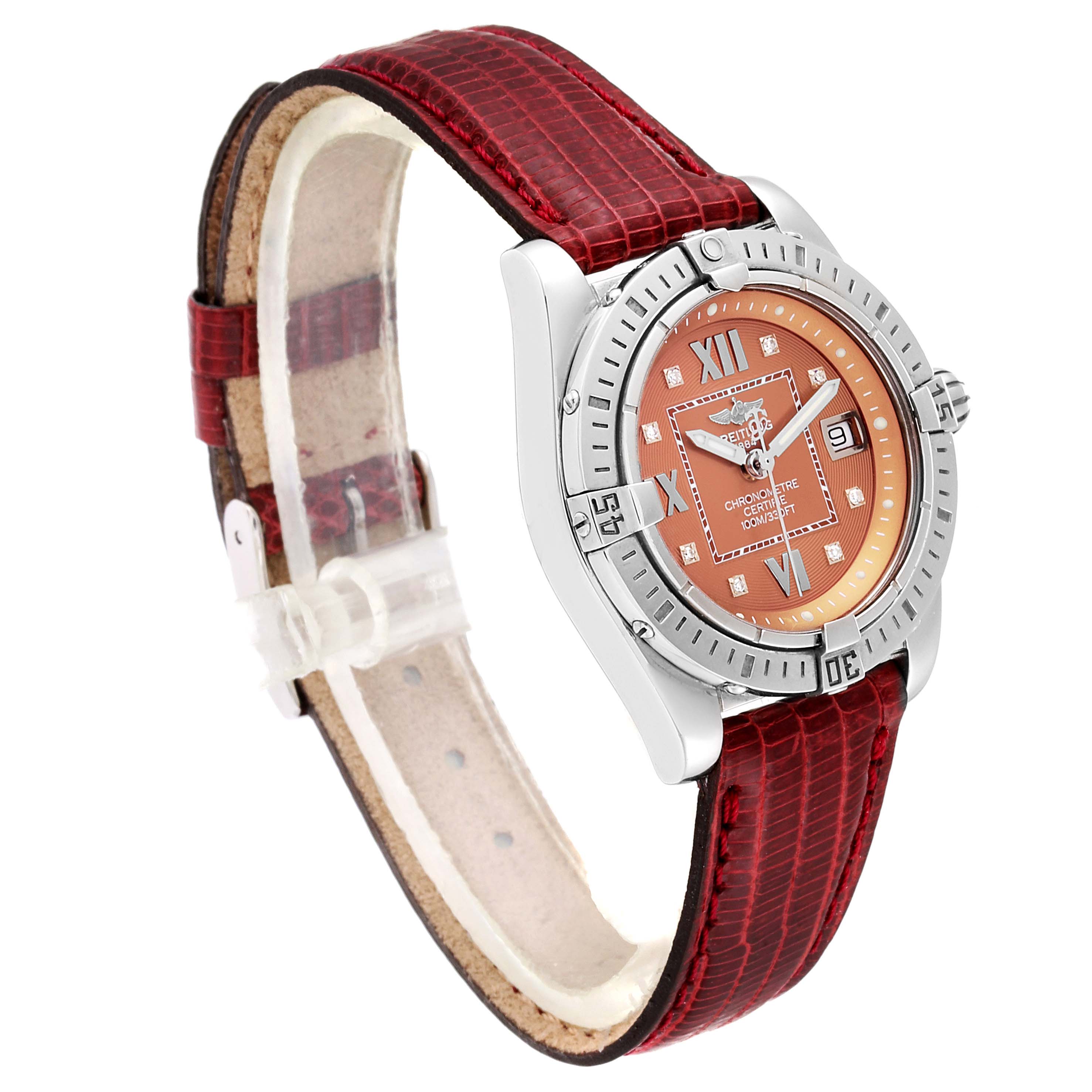 The image shows a side view of the Breitling A71356 Women's Stainless Steel Brown Dial A71356 Women's Stainless Steel Brown Dial Windrider Cockpit Bronze Diamond Dial Ladies Watch A71356 with a red strap and silver bezel.