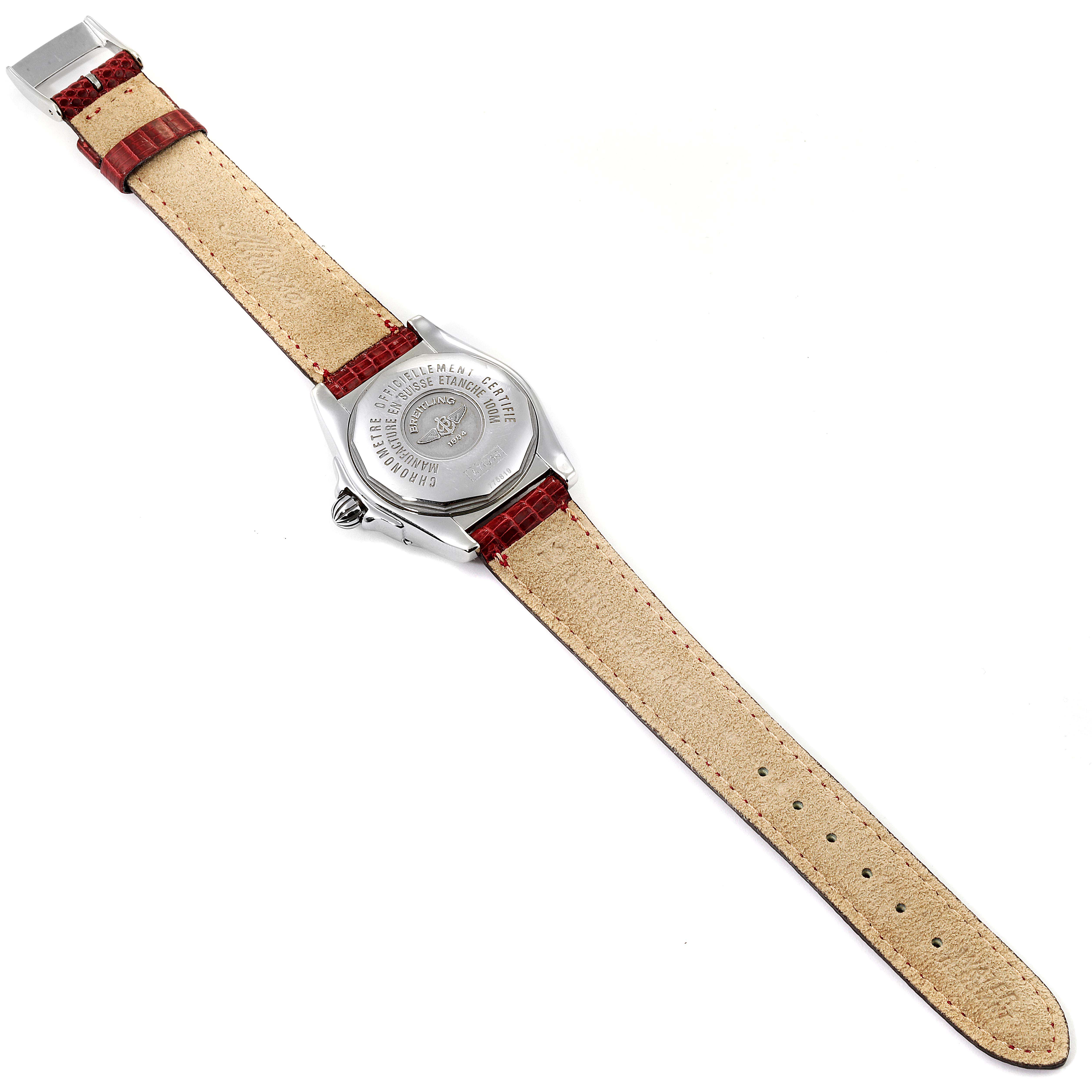 The image shows the back and strap of the Breitling A71356 Women's Stainless Steel Brown Dial A71356 Women's Stainless Steel Brown Dial Windrider Cockpit Bronze Diamond Dial Ladies Watch A71356.