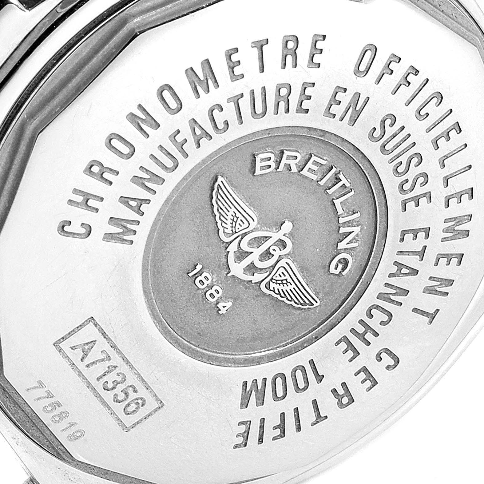 This image shows the back of the Breitling A71356 Women's Stainless Steel Brown Dial A71356 Women's Stainless Steel Brown Dial Windrider Cockpit Bronze Diamond Dial Ladies Watch A71356 model with inscriptions and branding.