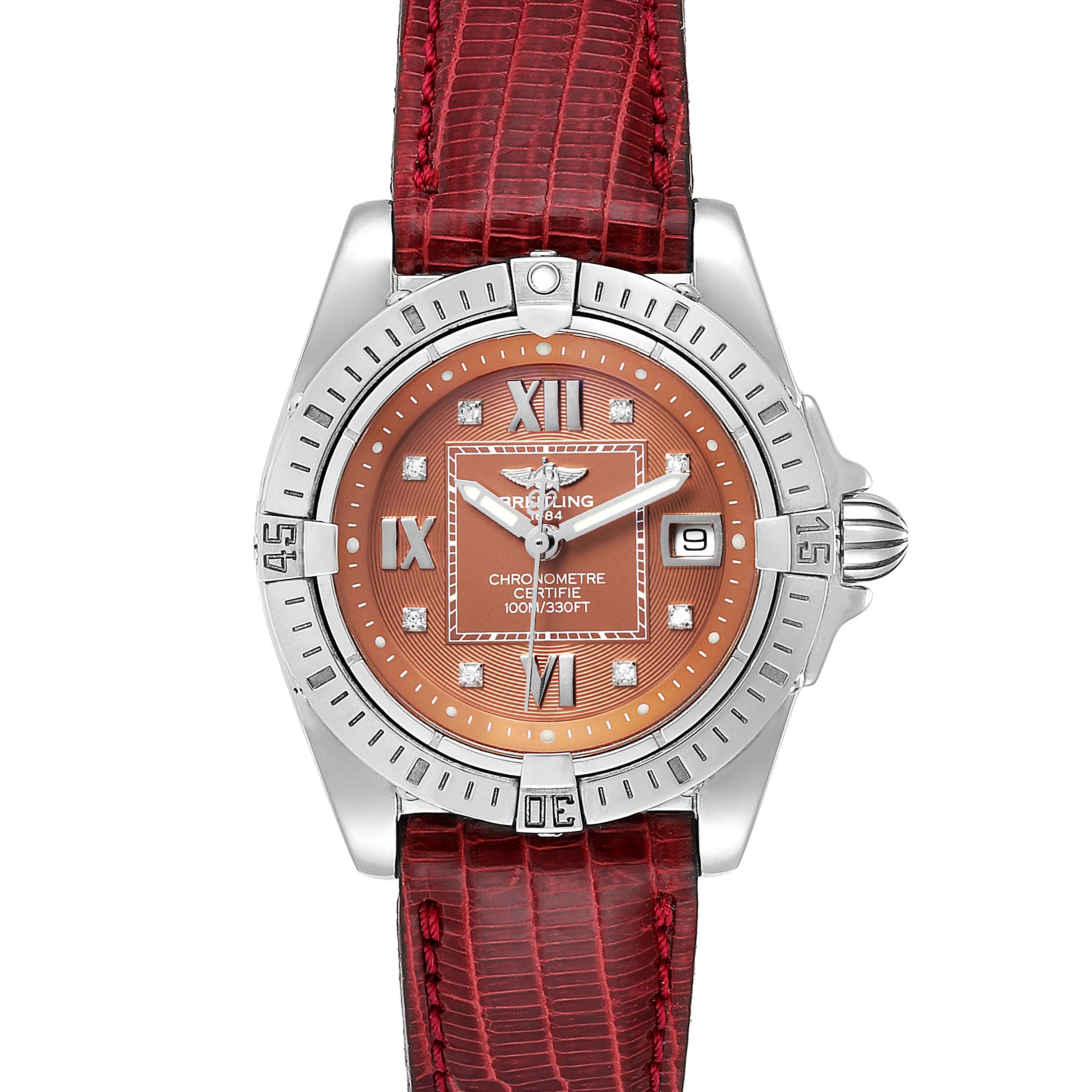 This image shows a front view of a Breitling A71356 Women's Stainless Steel Brown Dial A71356 Women's Stainless Steel Brown Dial Windrider Cockpit Bronze Diamond Dial Ladies Watch A71356, with a red leather strap and diamond markers.