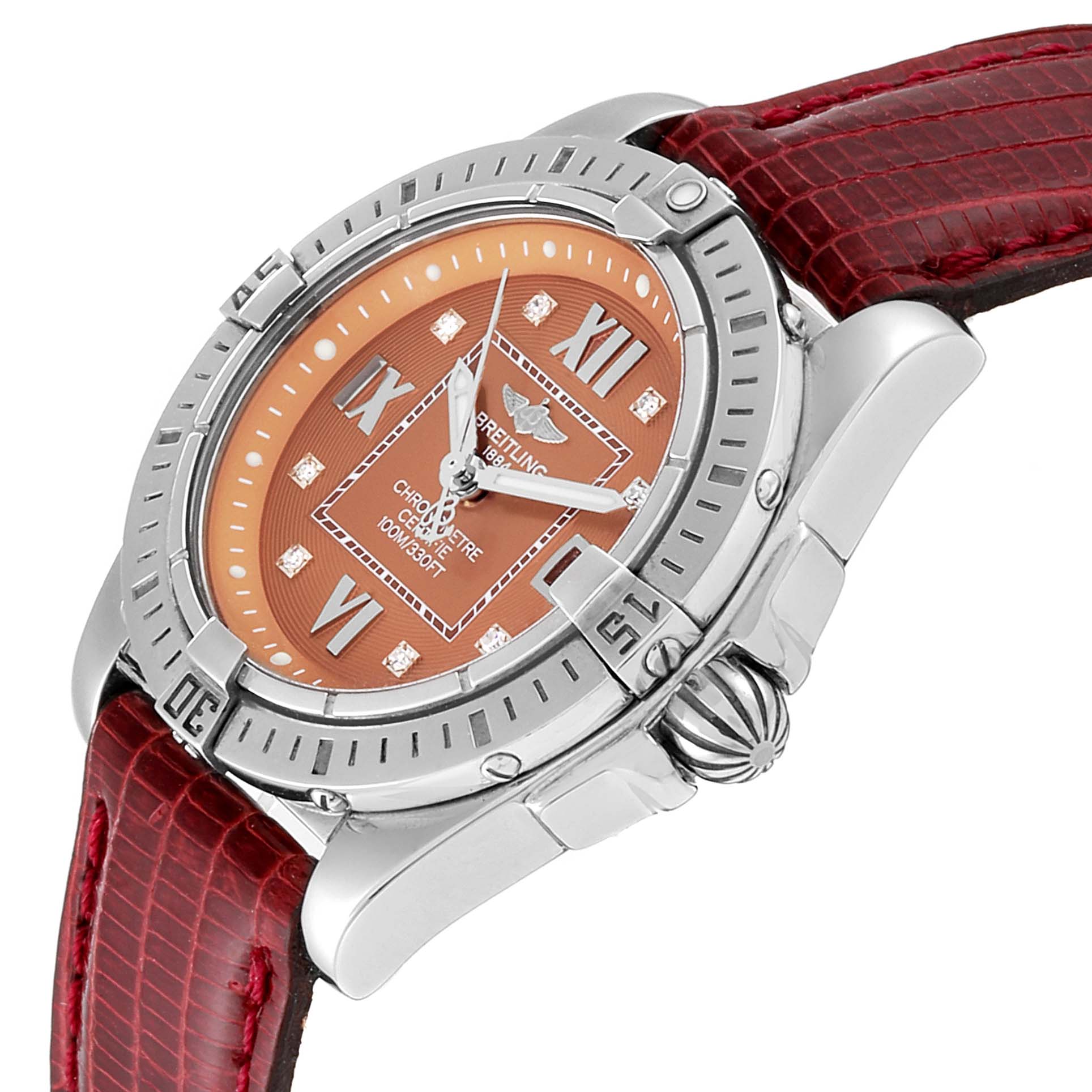 The image shows a close-up angled view of the Breitling A71356 Women's Stainless Steel Brown Dial A71356 Women's Stainless Steel Brown Dial Windrider Cockpit Bronze Diamond Dial Ladies Watch A71356, highlighting the bezel, dial, and crown.