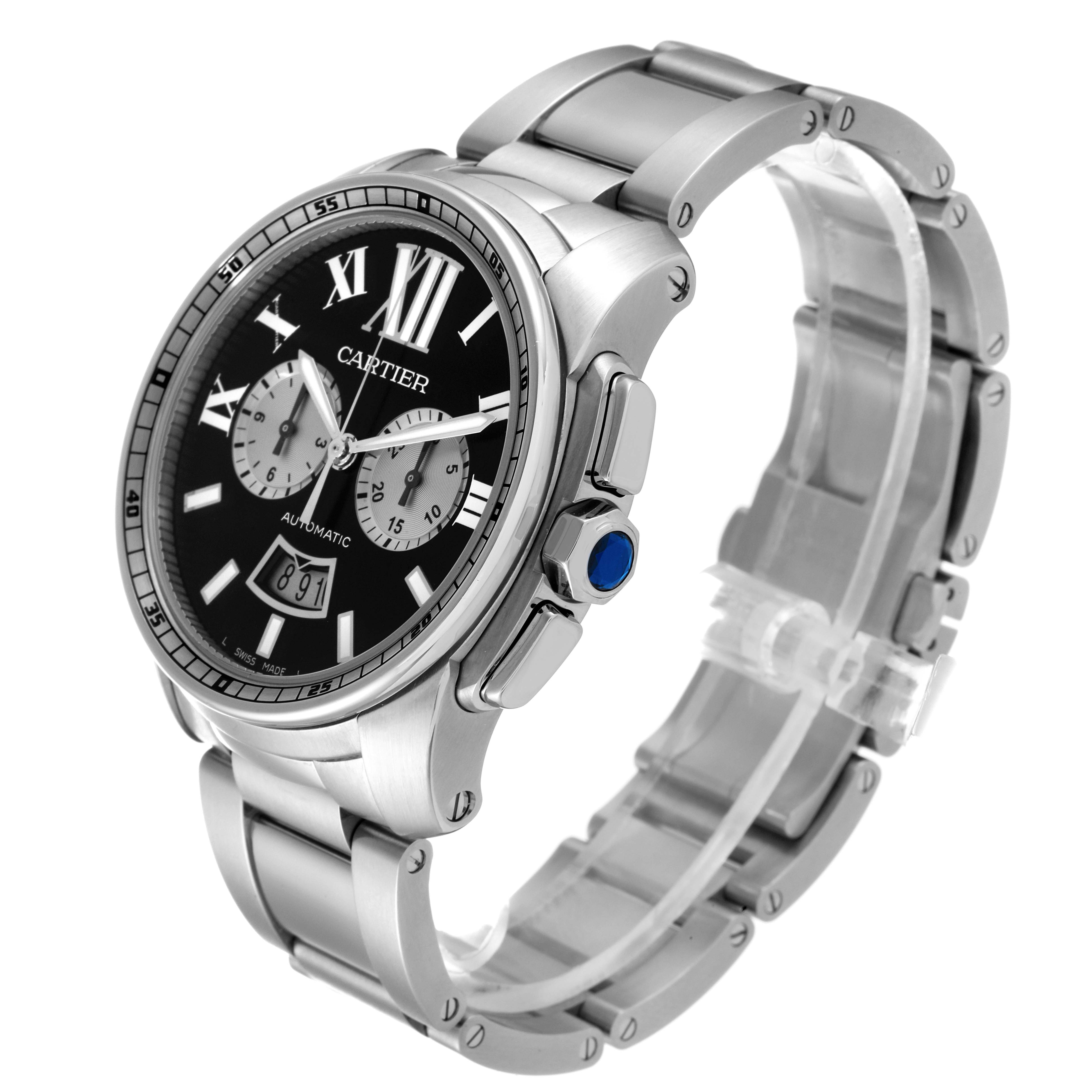 The image shows a Calibre de Cartier watch by Cartier from an angled side view, highlighting its stainless steel bracelet, crown, and dial.