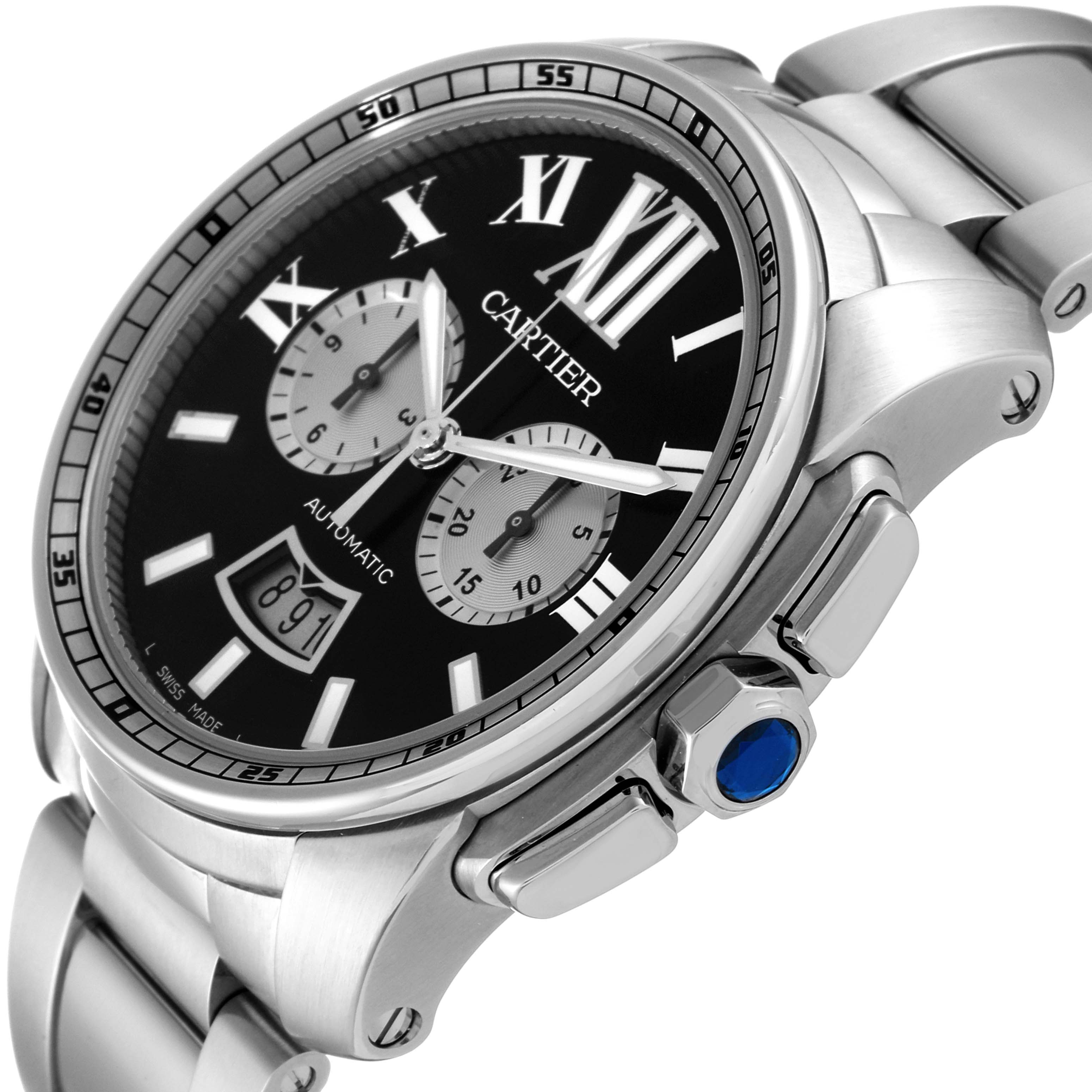 The image shows a diagonal view of the Calibre de Cartier watch by Cartier, highlighting the watch face, crown, and strap.