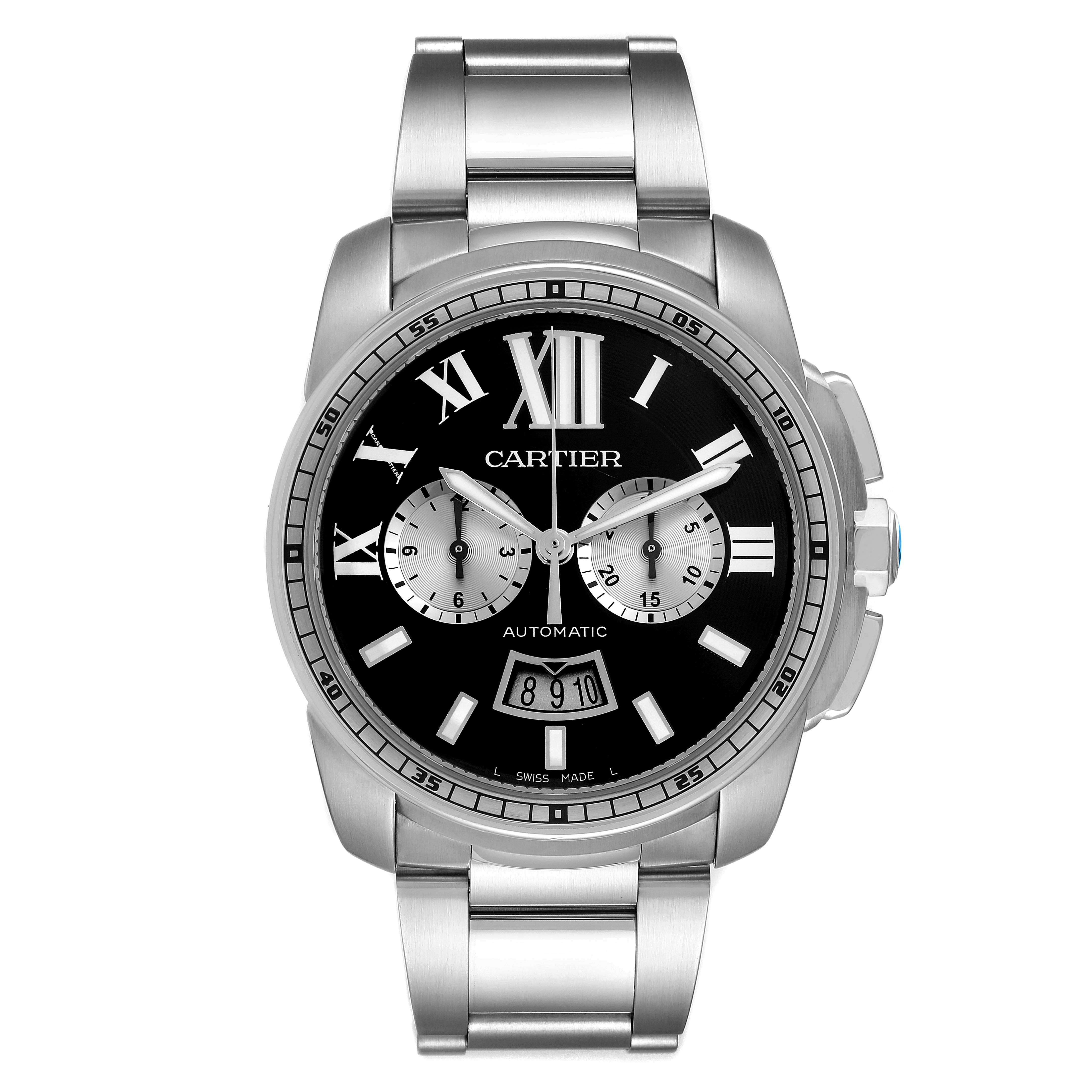 The image shows a front view of a Calibre de Cartier watch by Cartier, highlighting its dial, bezel, and bracelet.