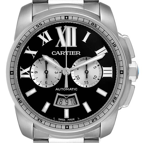 Photo of Cartier Calibre Black Dial Chronograph Steel Mens Watch W7100061 Box Papers