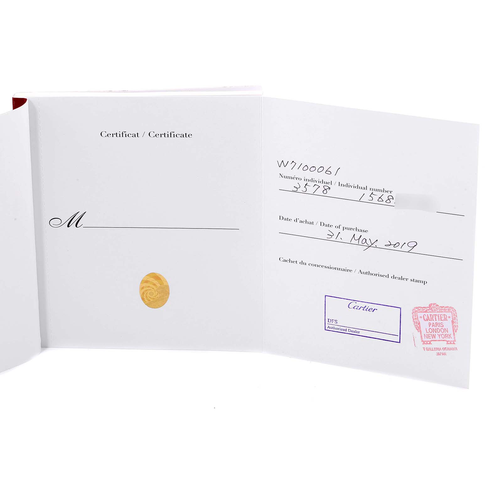 The image shows an open certificate for the Calibre de Cartier model by Cartier, detailing purchase information.