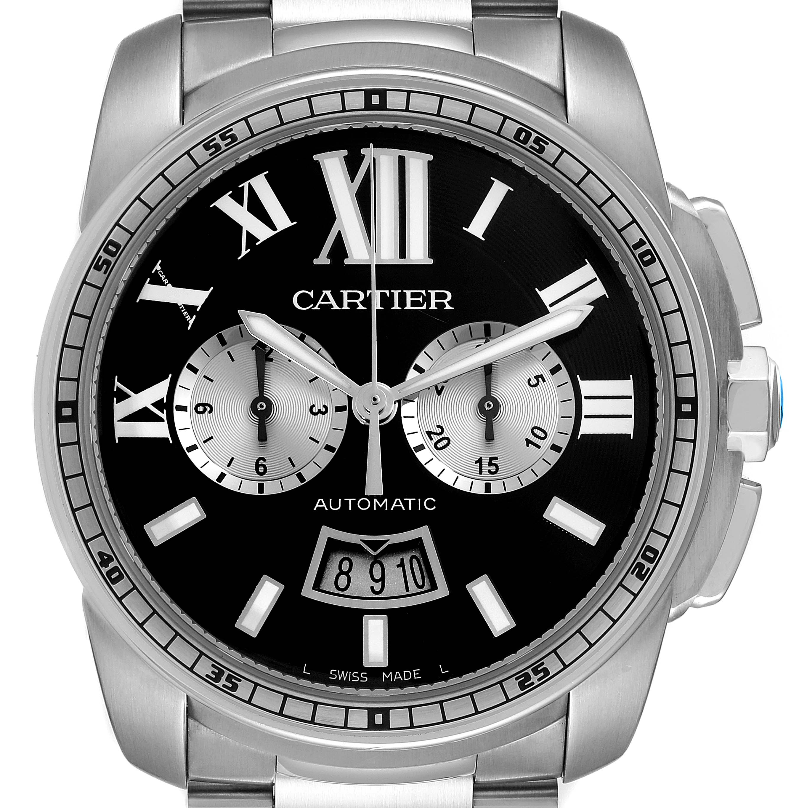 This image shows the front view of a Calibre de Cartier watch by Cartier, highlighting its dial, hands, subdials, and bracelet.