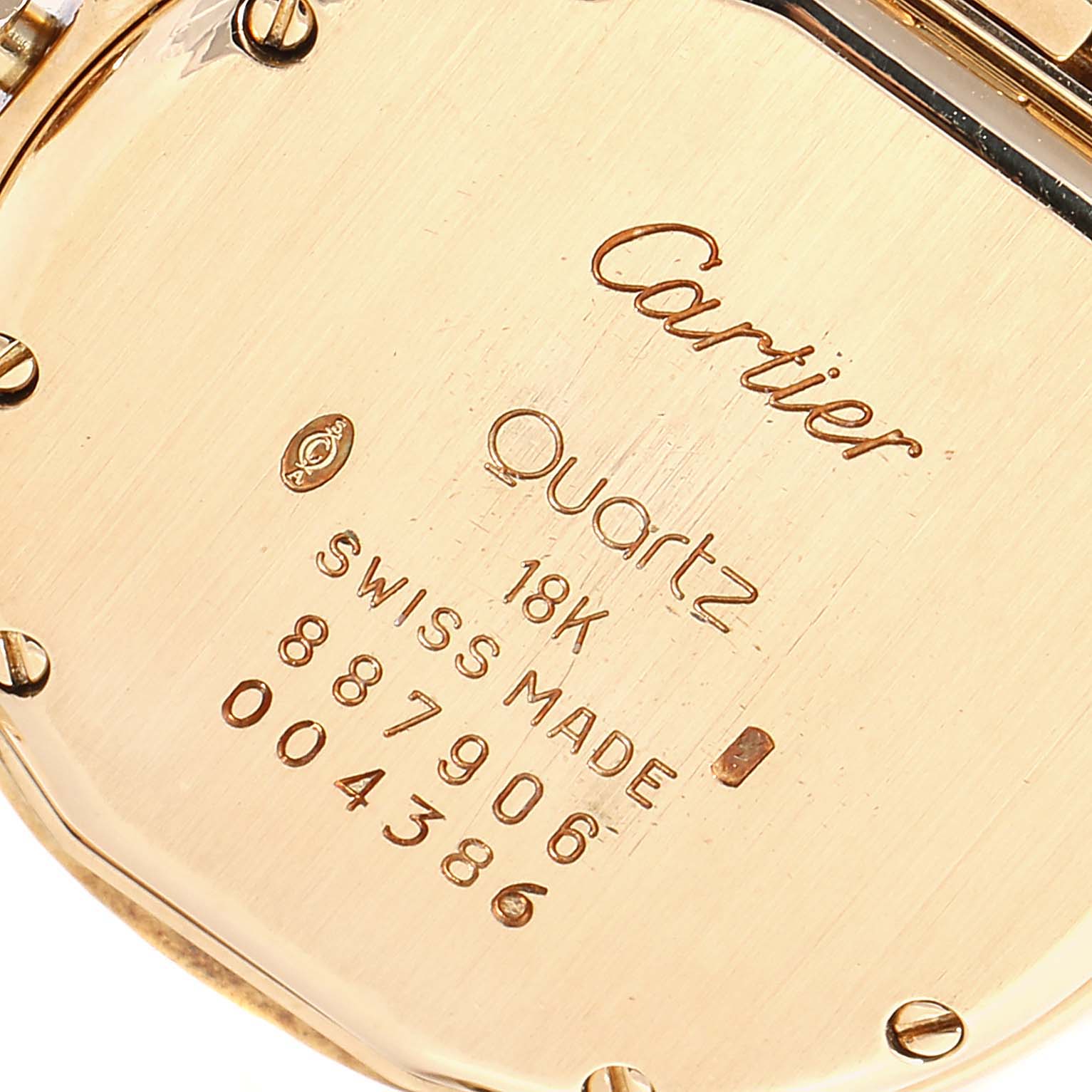 The image shows the backside of the Panthere model by Cartier, displaying the brand, model, movement type, material, and serial numbers.