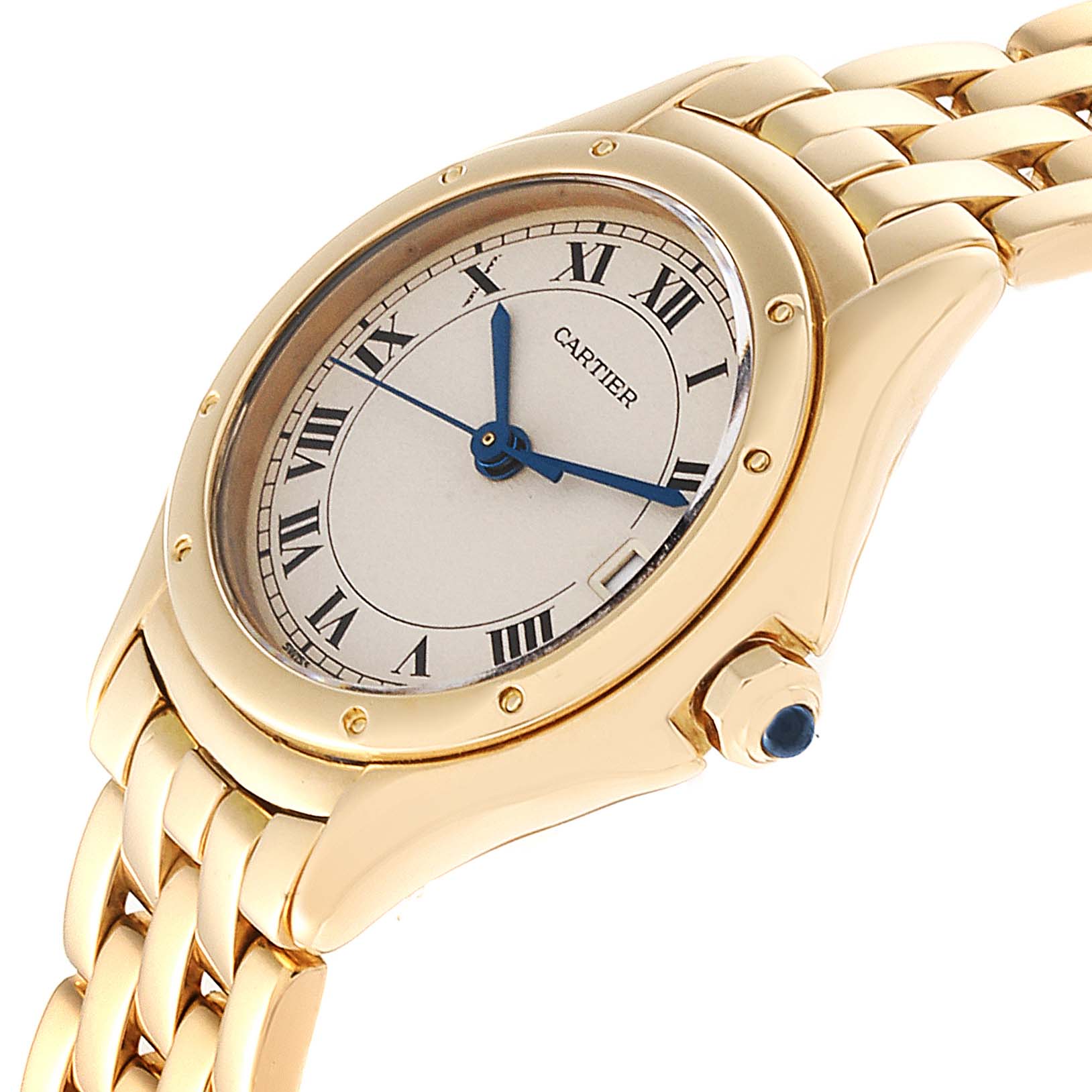The image shows a Cartier Panthere 887906 Women's Yellow Gold Silver Dial 887906 Women's Yellow Gold Silver Dial watch's face, bezel, and part of its gold bracelet from a slight side angle.