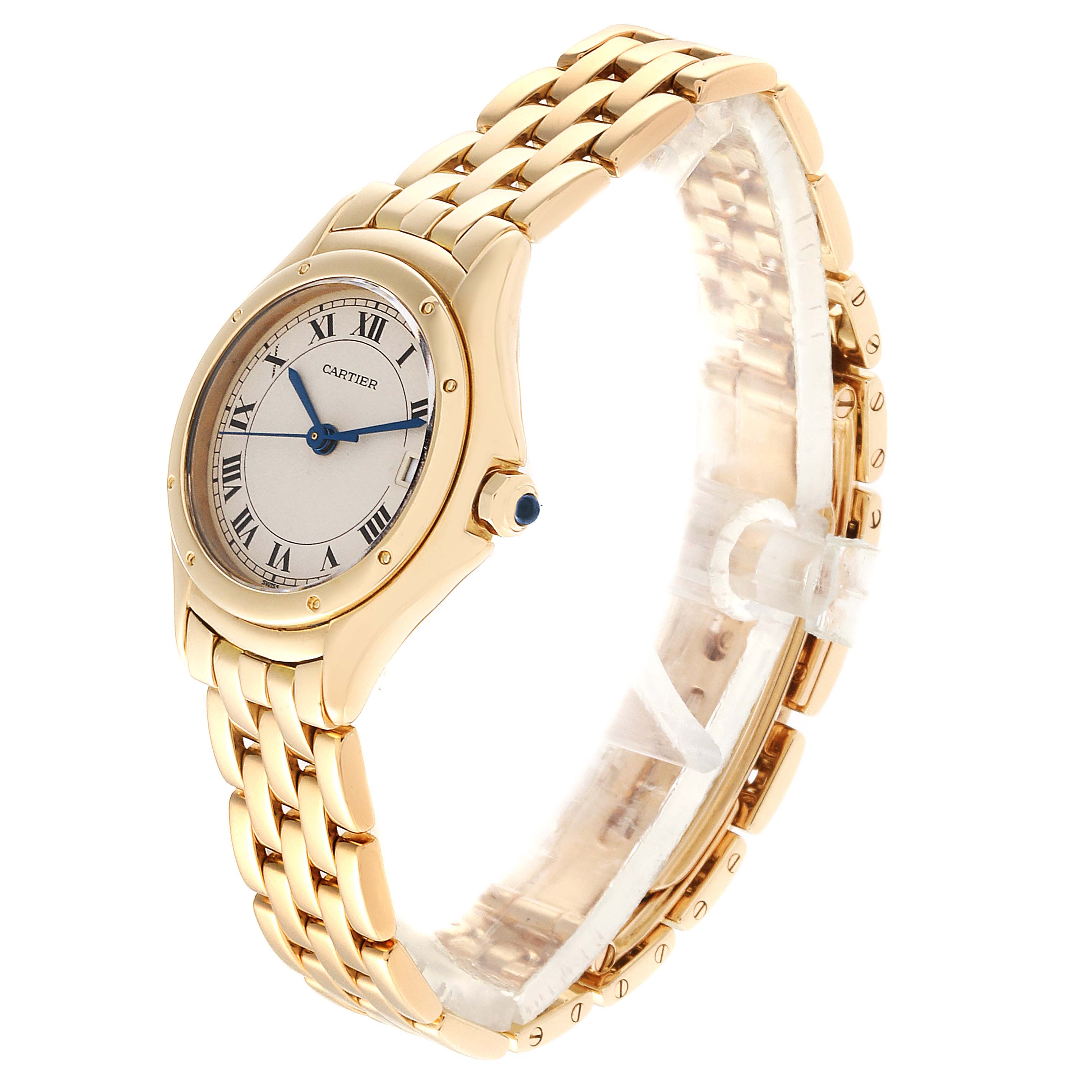 The image shows a side-angle view of a Cartier Panthere 887906 Women's Yellow Gold Silver Dial 887906 Women's Yellow Gold Silver Dial model watch, highlighting its gold bracelet and round dial.
