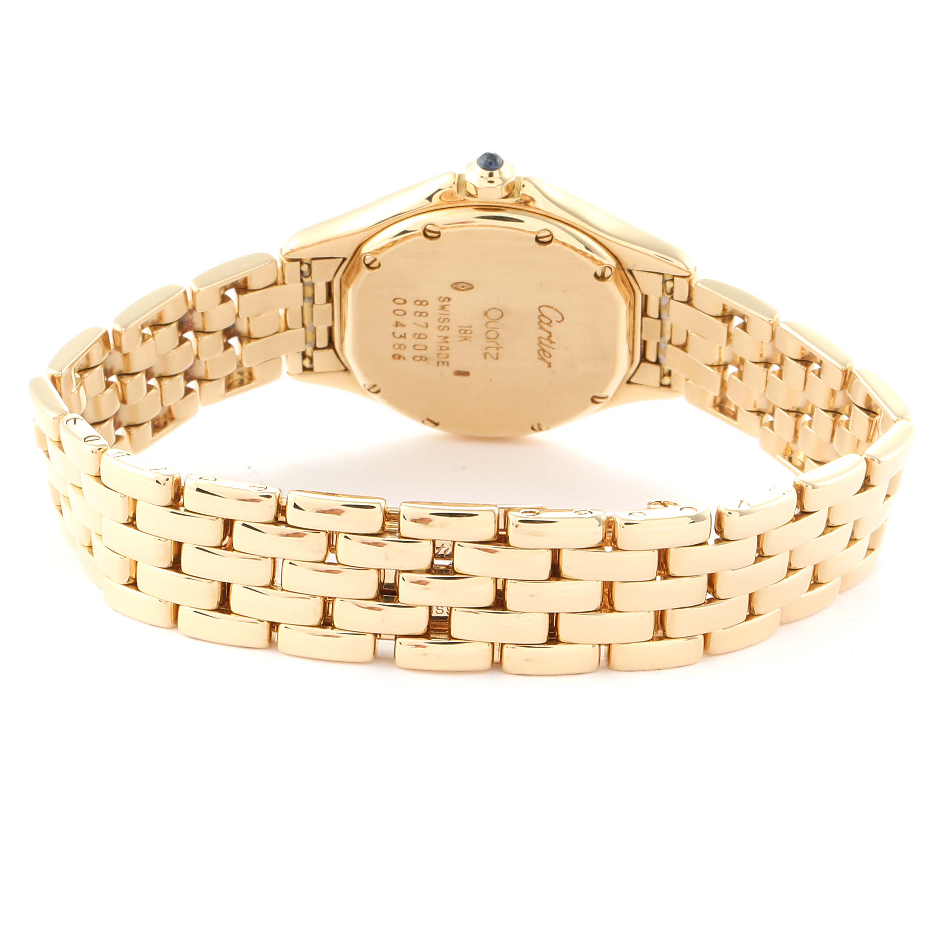 This photo shows the back view of the Cartier Panthere 887906 Women's Yellow Gold Silver Dial 887906 Women's Yellow Gold Silver Dial watch, highlighting its gold bracelet and case back.