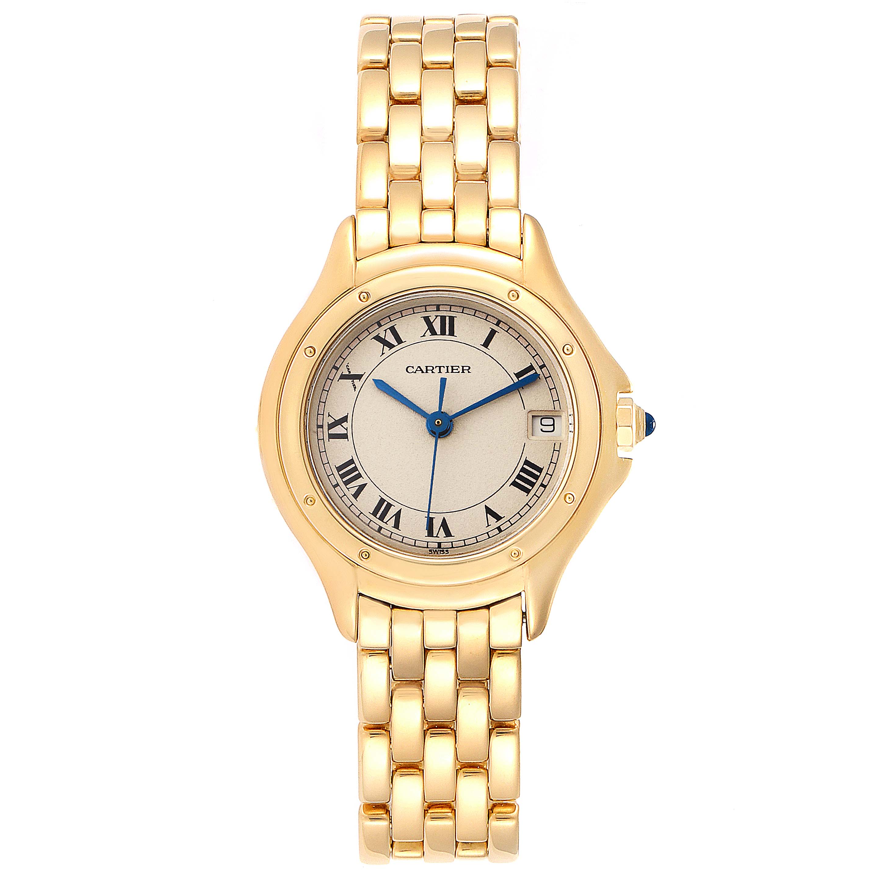 The image shows a front view of a Cartier Panthere 887906 Women's Yellow Gold Silver Dial 887906 Women's Yellow Gold Silver Dial model watch, highlighting its face, bracelet, and crown.