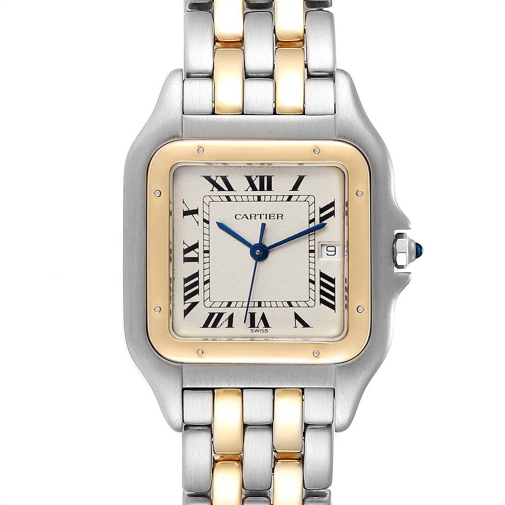 The image shows the face and bracelet of a Cartier Panthere 187957 Men's Steel and Gold (two tone) Silver Dial 187957 Men's Steel and Gold (two tone) Silver Dial watch from a straight-on angle.