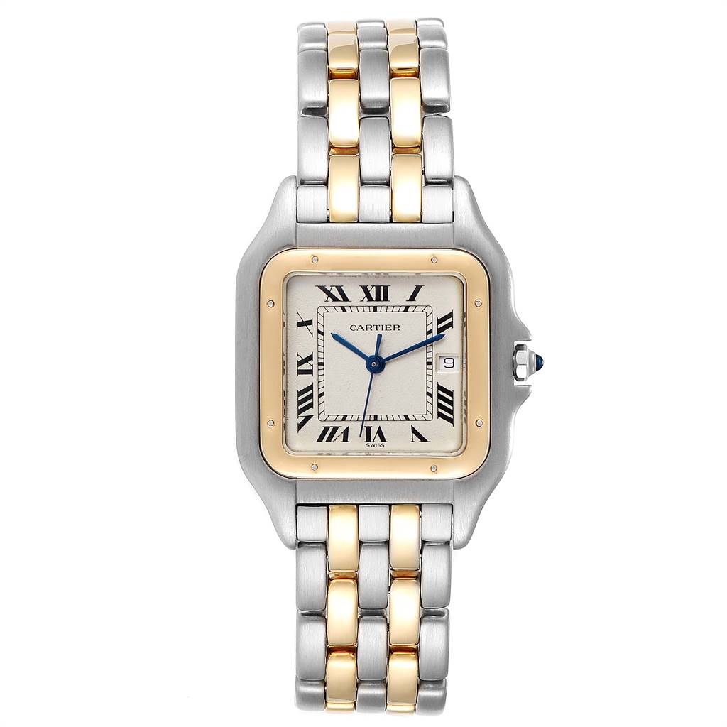 The image shows a front view of the Cartier Panthere 187957 Men's Steel and Gold (two tone) Silver Dial 187957 Men's Steel and Gold (two tone) Silver Dial watch, displaying its face, bezel, and two-tone bracelet.