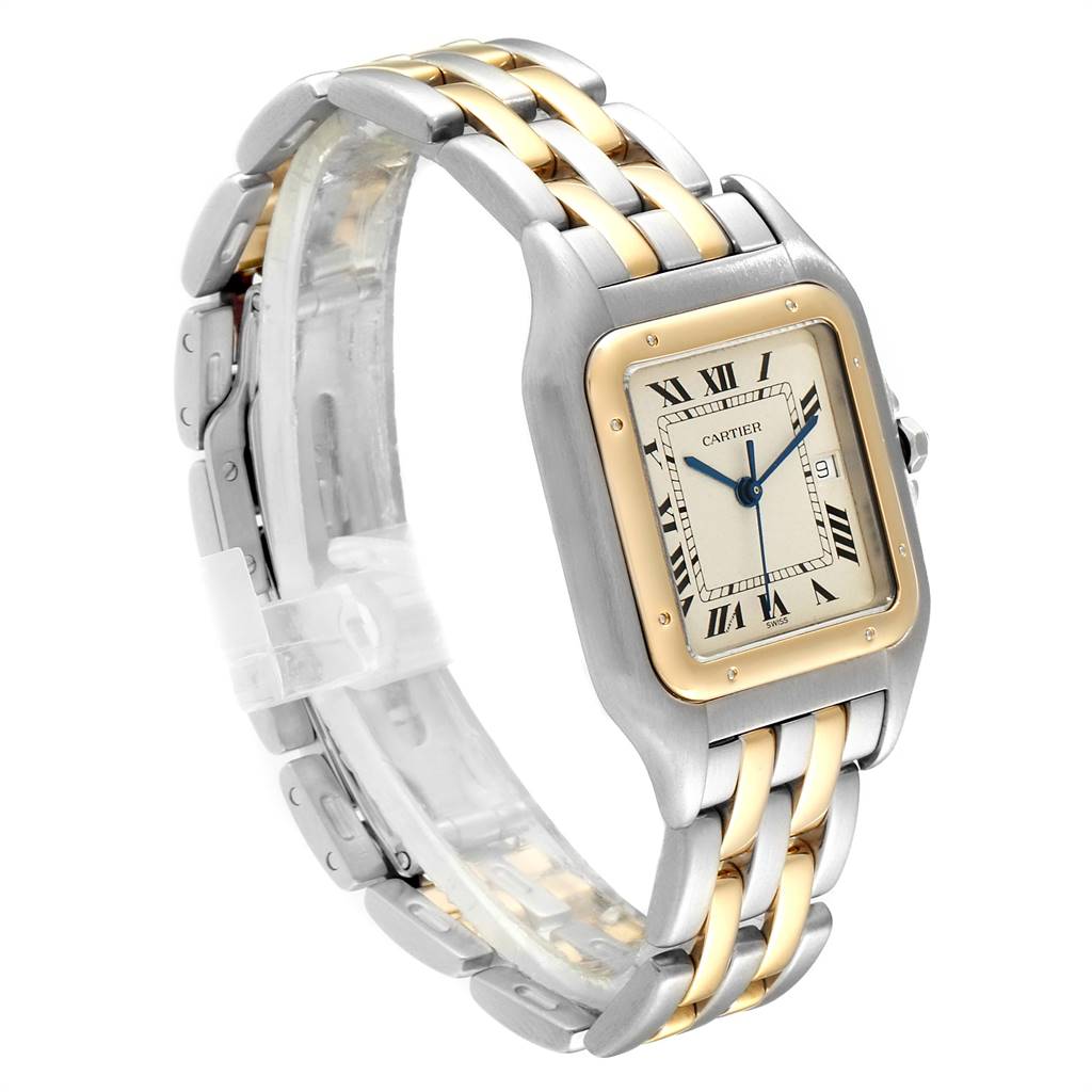 The image shows a Cartier Panthere 187957 Men's Steel and Gold (two tone) Silver Dial 187957 Men's Steel and Gold (two tone) Silver Dial watch angled to display its face, case, and two-tone bracelet.