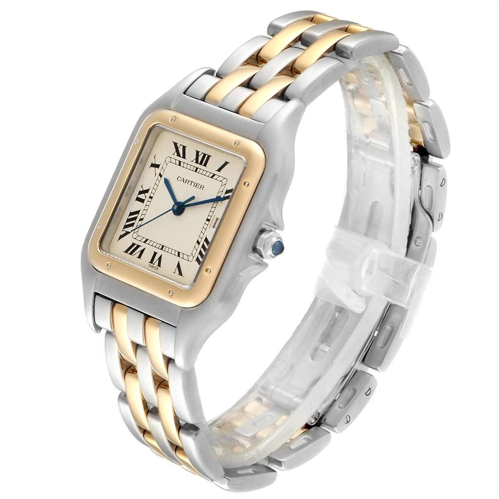 The image shows a side angle of the Cartier Panthere 187957 Men's Steel and Gold (two tone) Silver Dial 187957 Men's Steel and Gold (two tone) Silver Dial watch, highlighting its two-tone metal band, Roman numeral dial, and sapphire crown.