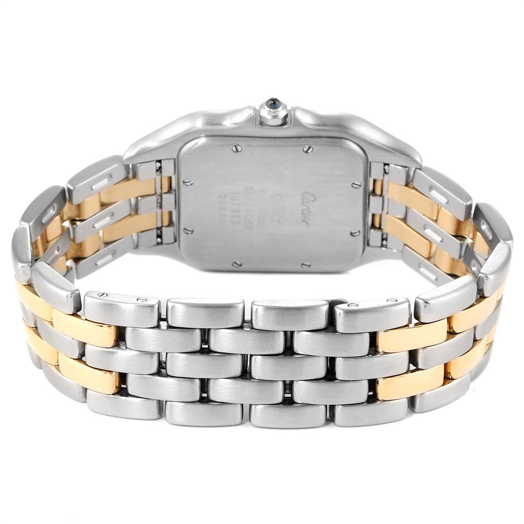 The image shows the back and band of a Cartier Panthere 187957 Men's Steel and Gold (two tone) Silver Dial 187957 Men's Steel and Gold (two tone) Silver Dial watch at a rear angle.