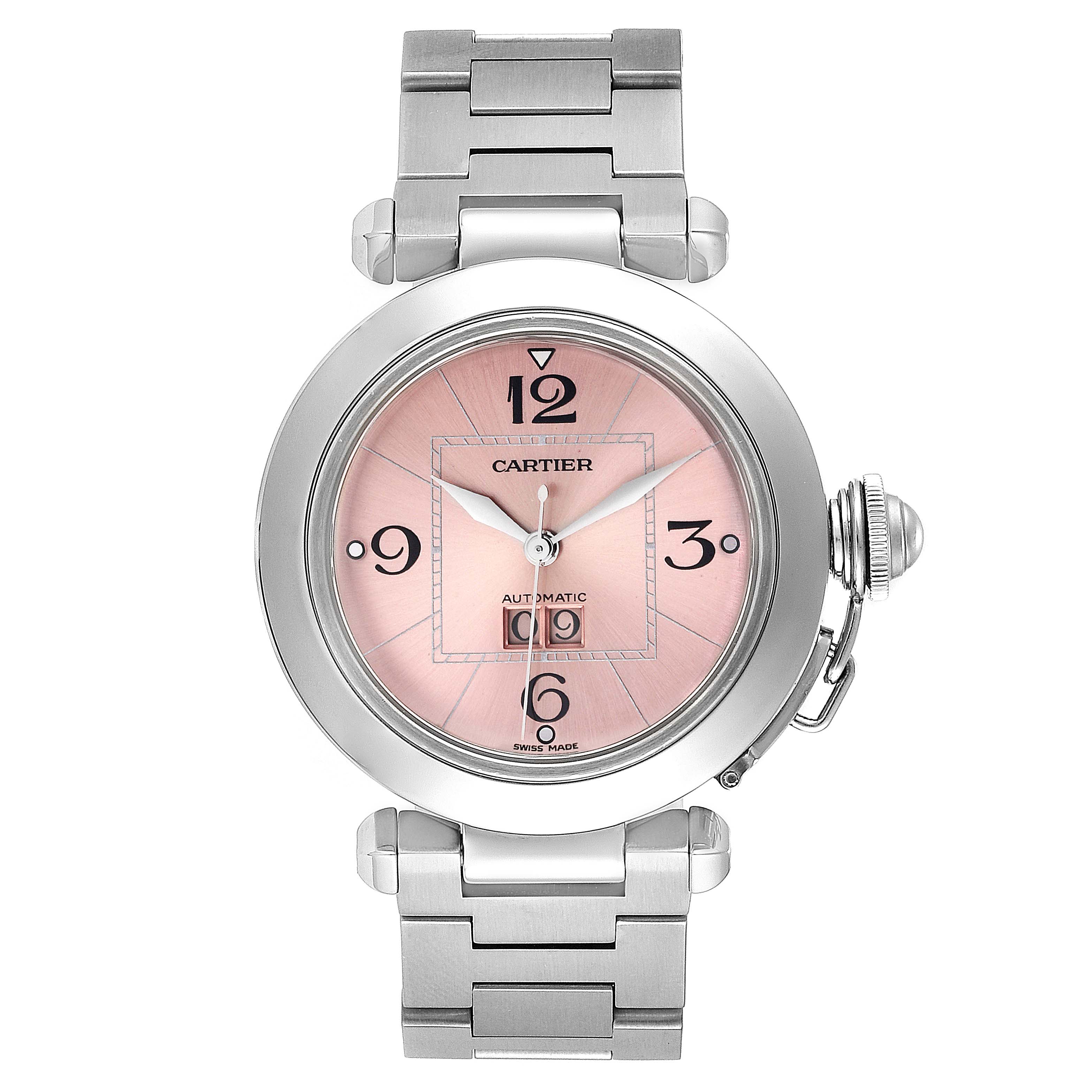 The Cartier Pasha W31058M7 Women's Stainless Steel Pink Dial W31058M7 Women's Stainless Steel Pink Dial watch is shown from a top-down angle, displaying its face, bezel, and bracelet.