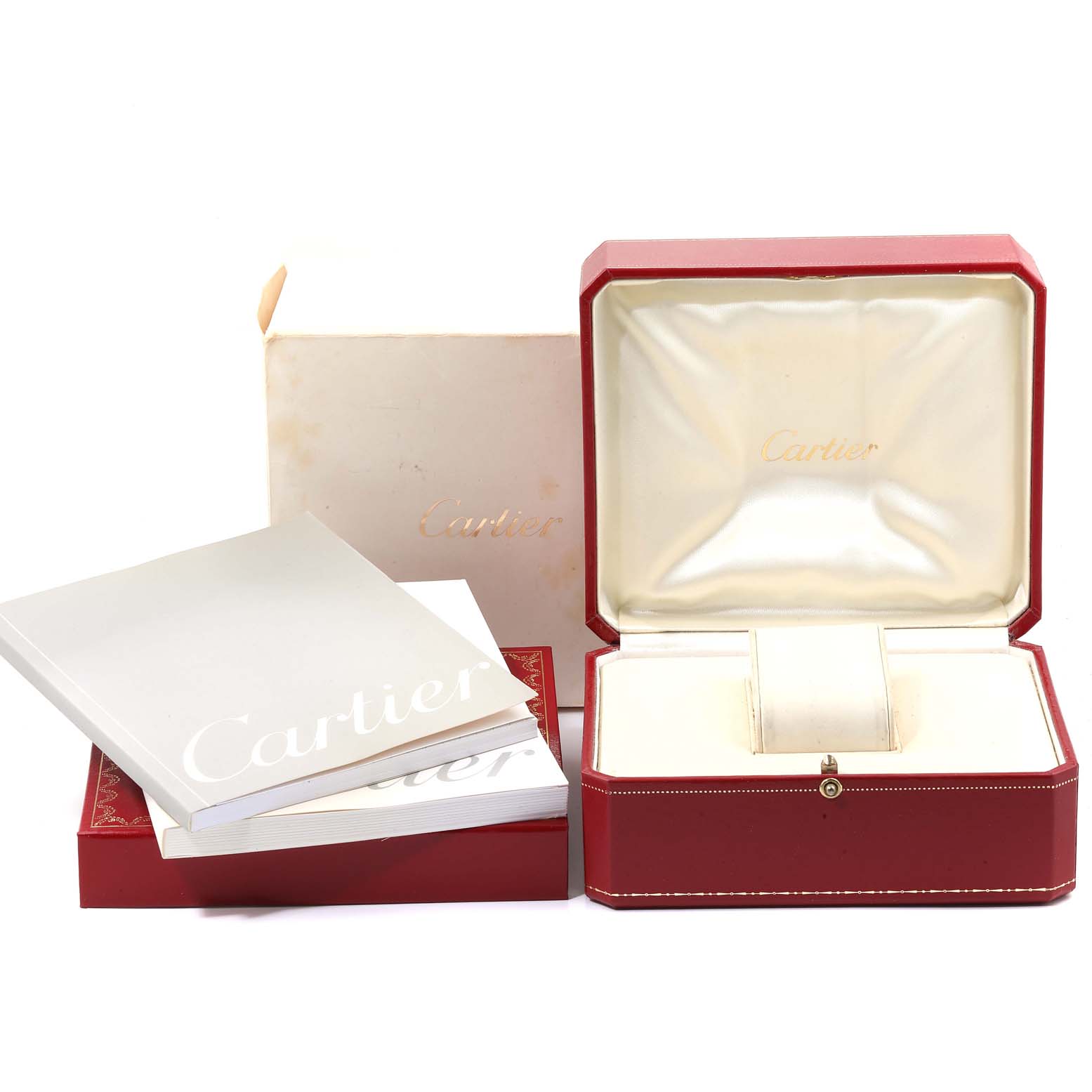 The image shows the packaging, box, and booklets of a Cartier Pasha W31058M7 Women's Stainless Steel Pink Dial W31058M7 Women's Stainless Steel Pink Dial watch.