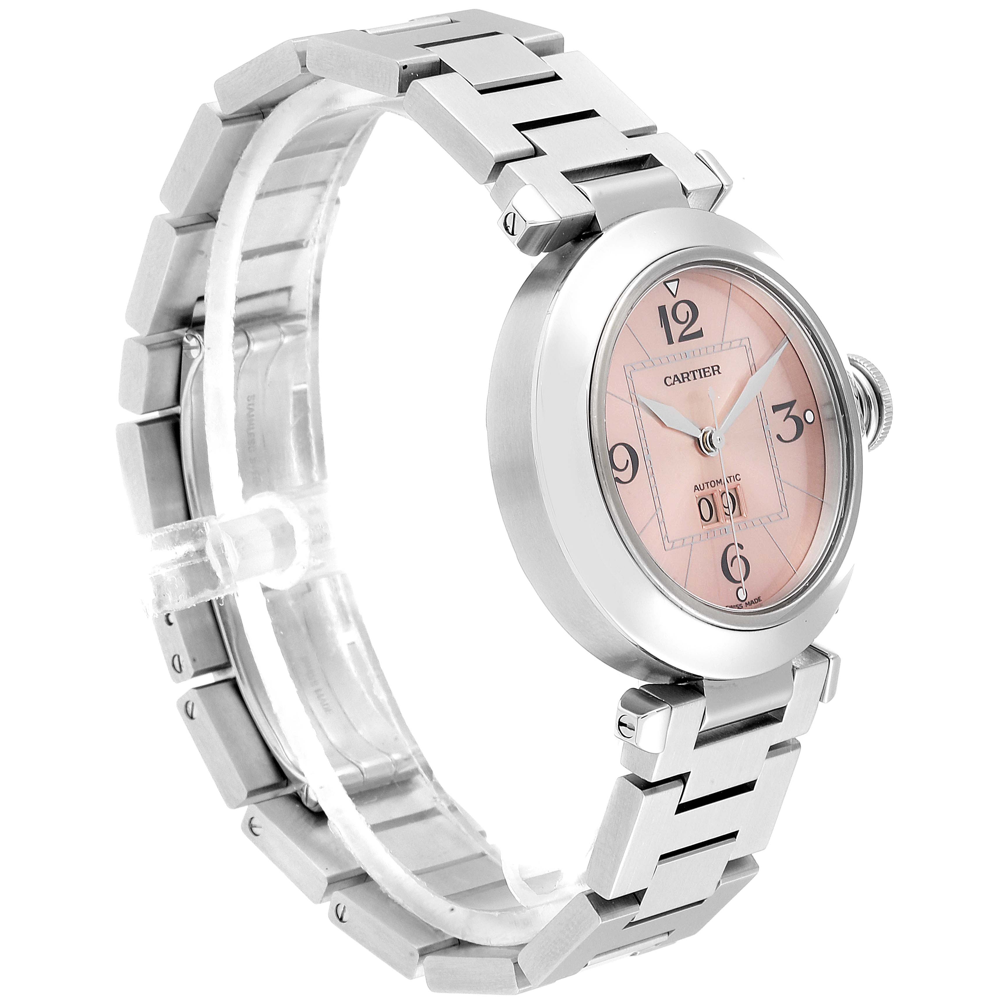 The image shows a side view of the Cartier Pasha W31058M7 Women's Stainless Steel Pink Dial W31058M7 Women's Stainless Steel Pink Dial watch, highlighting its bracelet, case, pink dial, and crown.