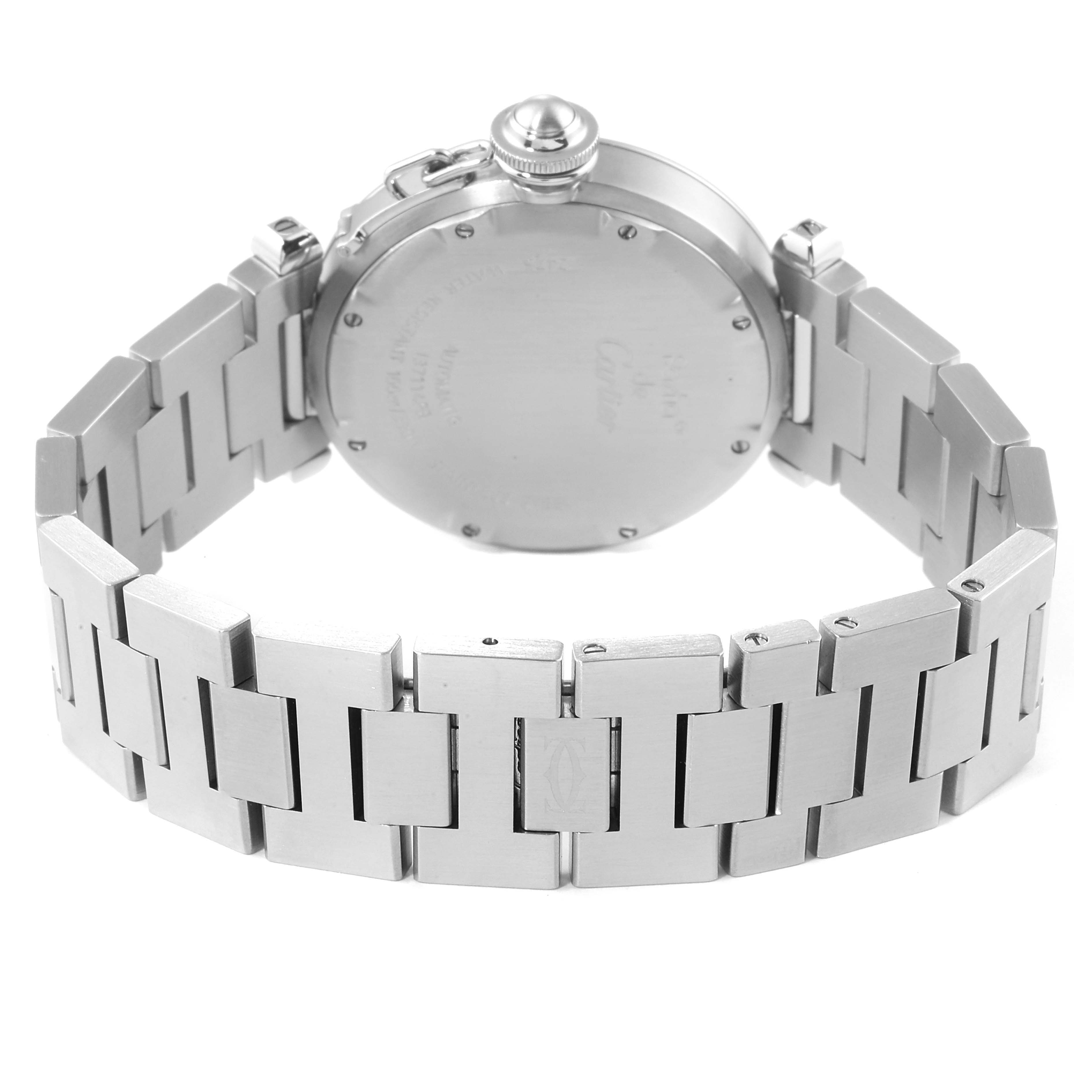 This image shows the back of the Cartier Pasha W31058M7 Women's Stainless Steel Pink Dial W31058M7 Women's Stainless Steel Pink Dial watch, focusing on the case back and metal bracelet.