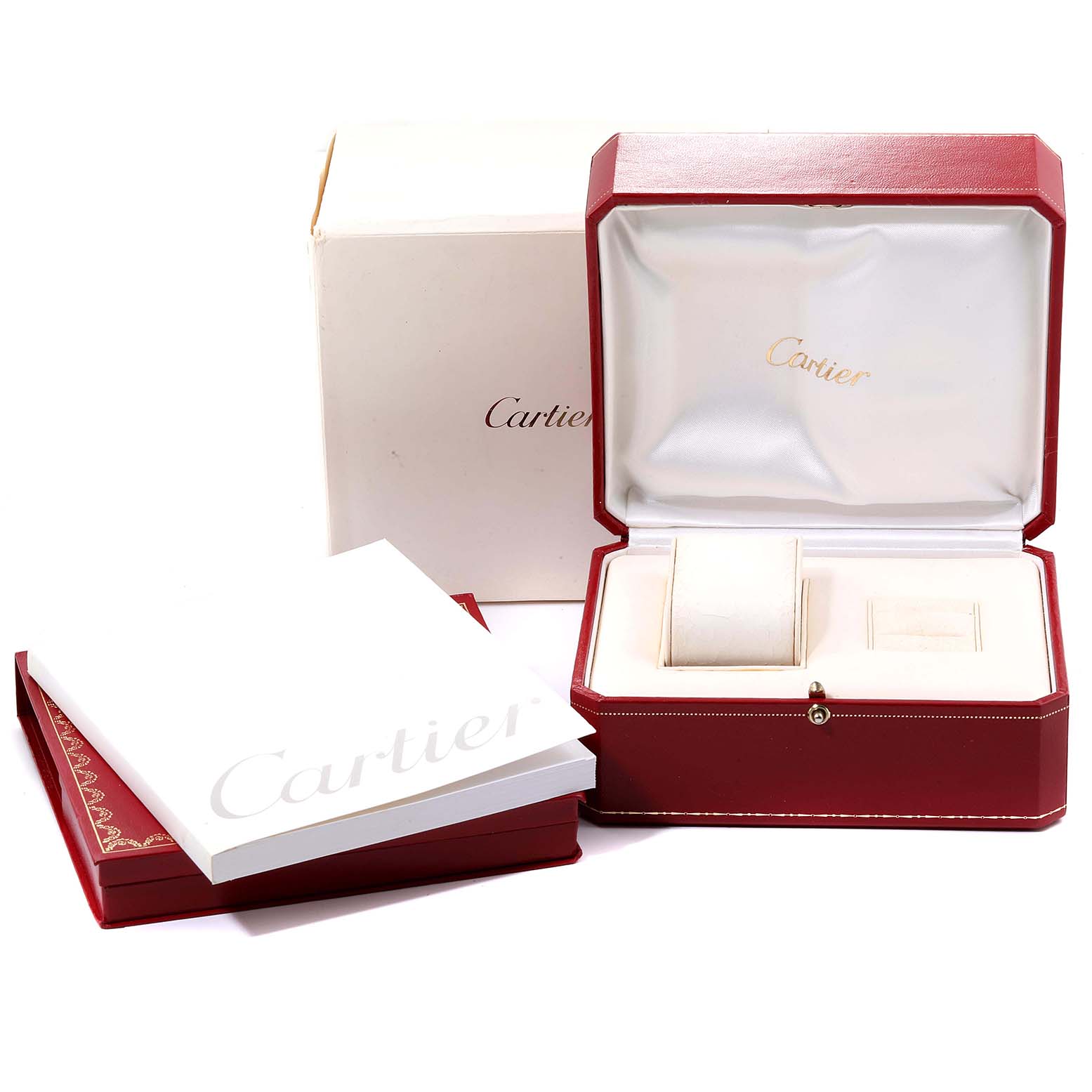 The image shows the packaging for a Cartier Pasha W31053M7 Women's Stainless Steel Black Dial W31053M7 Women's Stainless Steel Black Dial watch, including the outer box, inner box, and watch cushion.