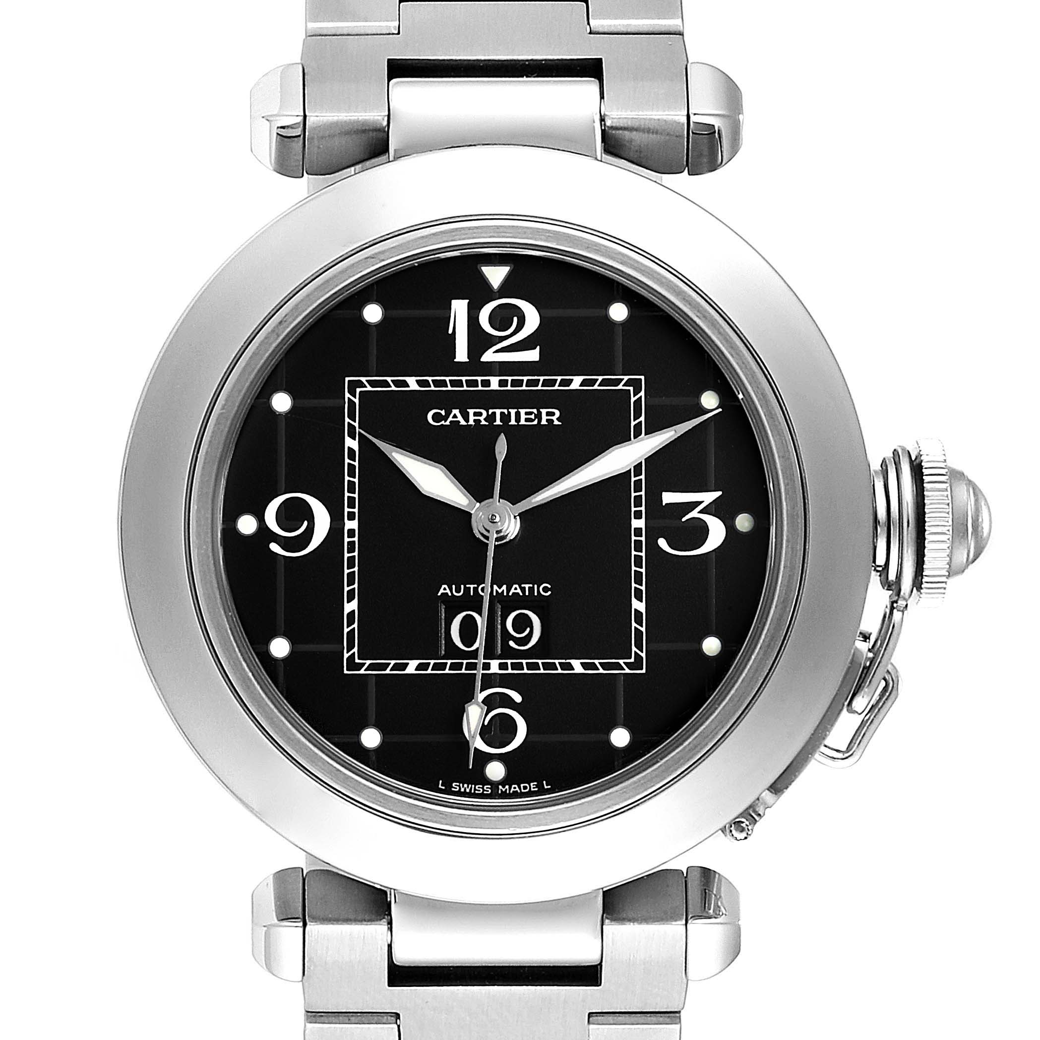 The Cartier Pasha W31053M7 Women's Stainless Steel Black Dial W31053M7 Women's Stainless Steel Black Dial watch is shown from the front, displaying its dial, crown, and part of the bracelet.