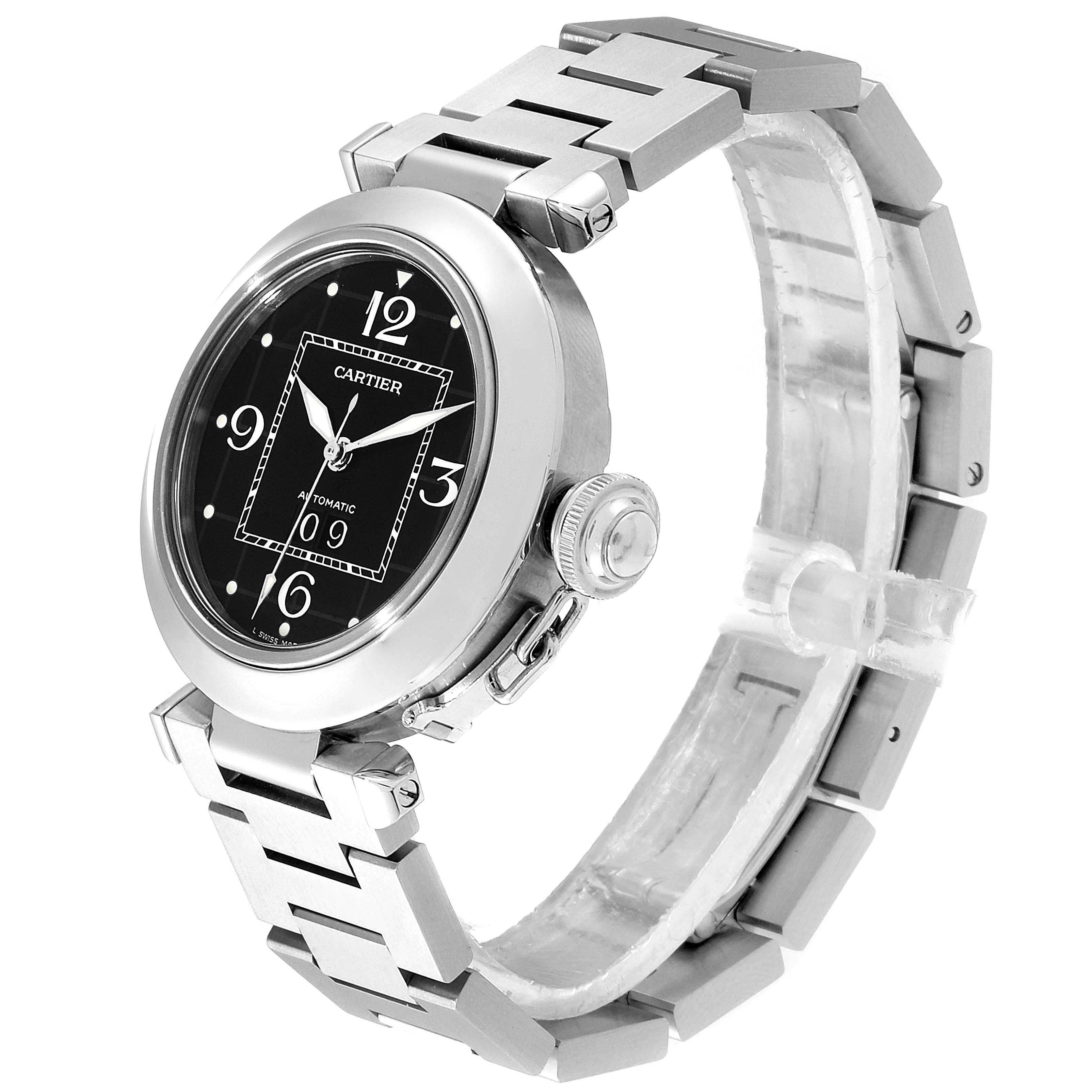 This image shows a side angle of the Cartier Pasha W31053M7 Women's Stainless Steel Black Dial W31053M7 Women's Stainless Steel Black Dial watch, highlighting its round face and metal bracelet.