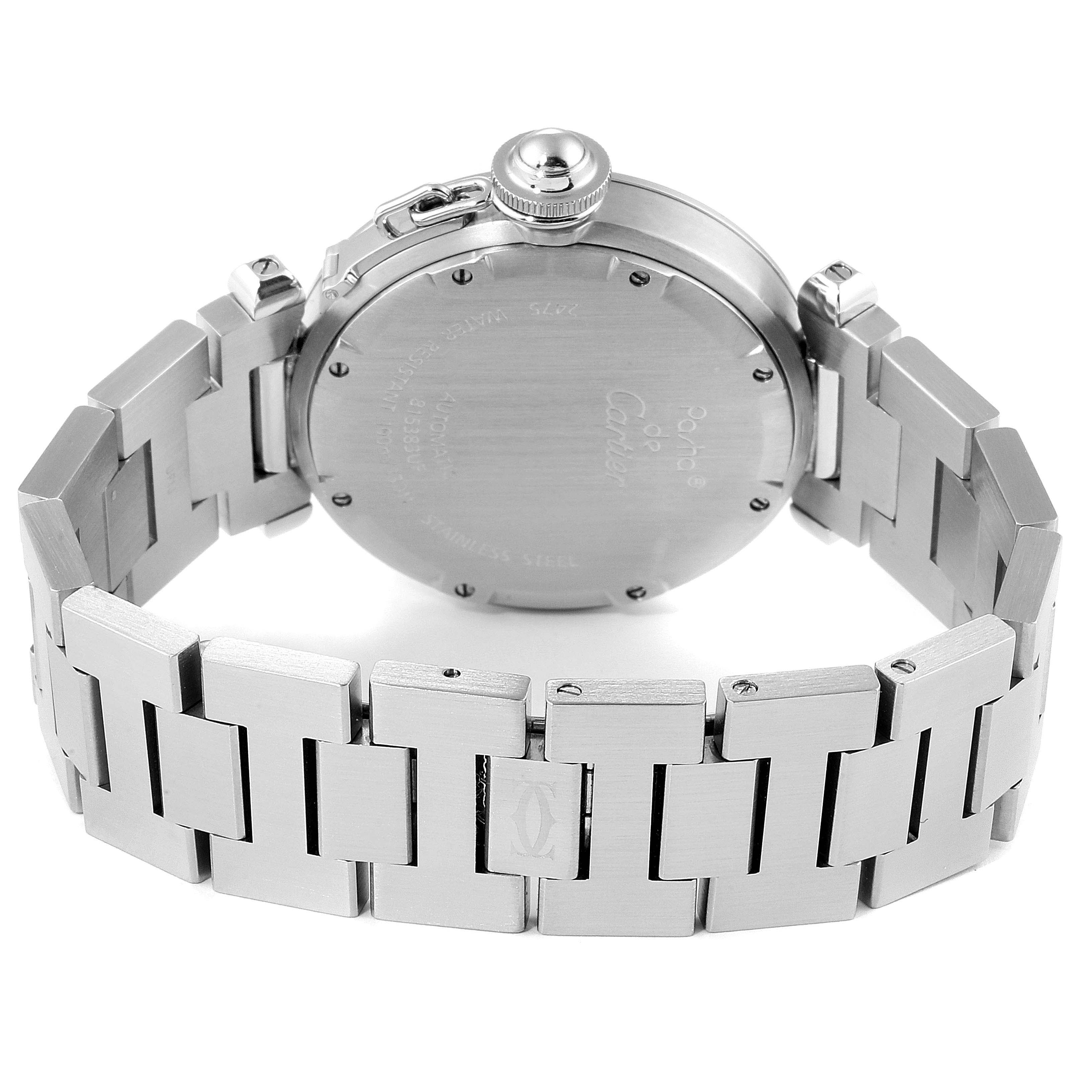 This image shows the back case and bracelet of the Cartier Pasha W31053M7 Women's Stainless Steel Black Dial W31053M7 Women's Stainless Steel Black Dial watch from a rear angle.