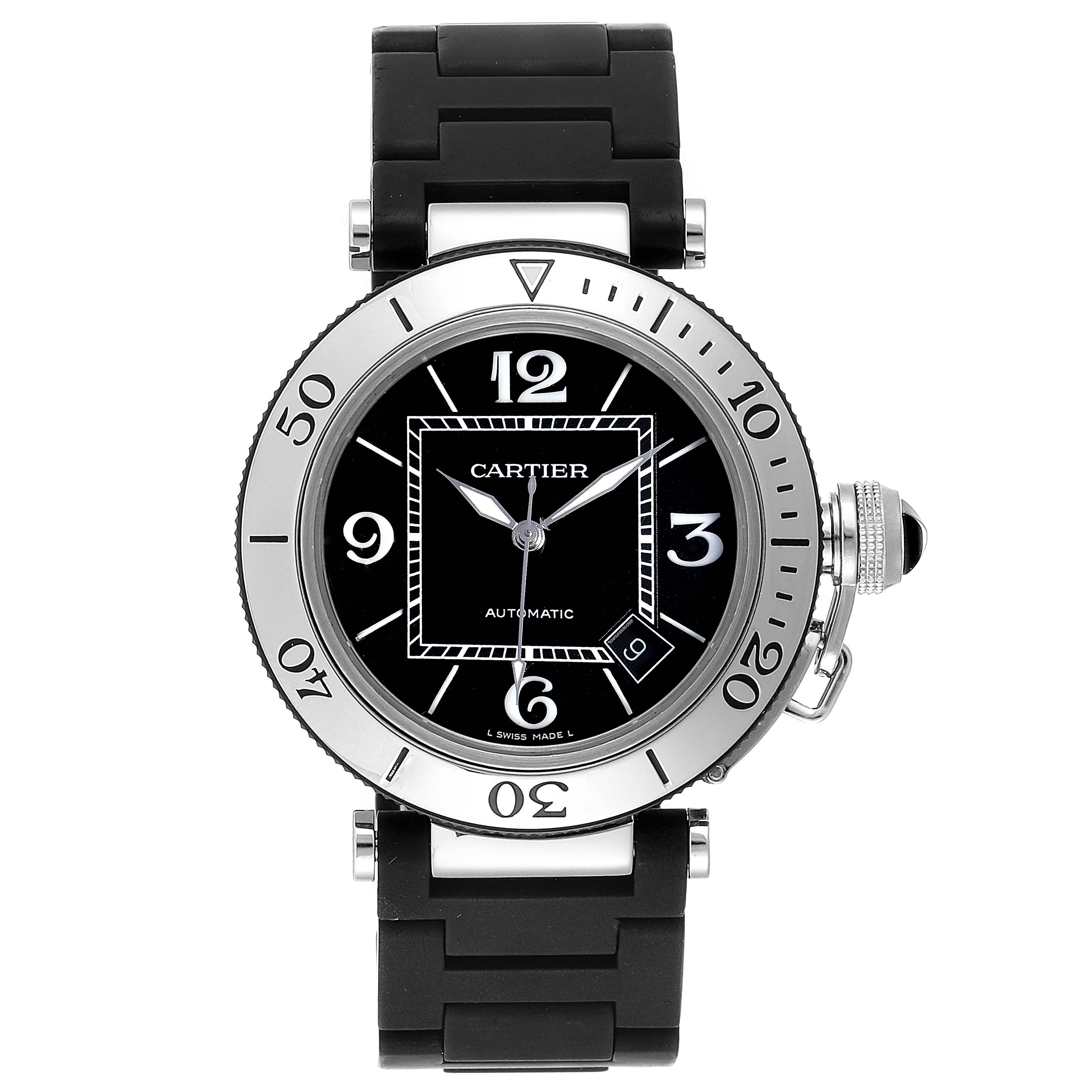 The image shows a Cartier Pasha W31088U2 Men
s Stainless Steel Black Dial W31088U2 Men
s Stainless Steel Black Dial watch from a front angle featuring its black dial, bezel, and strap.