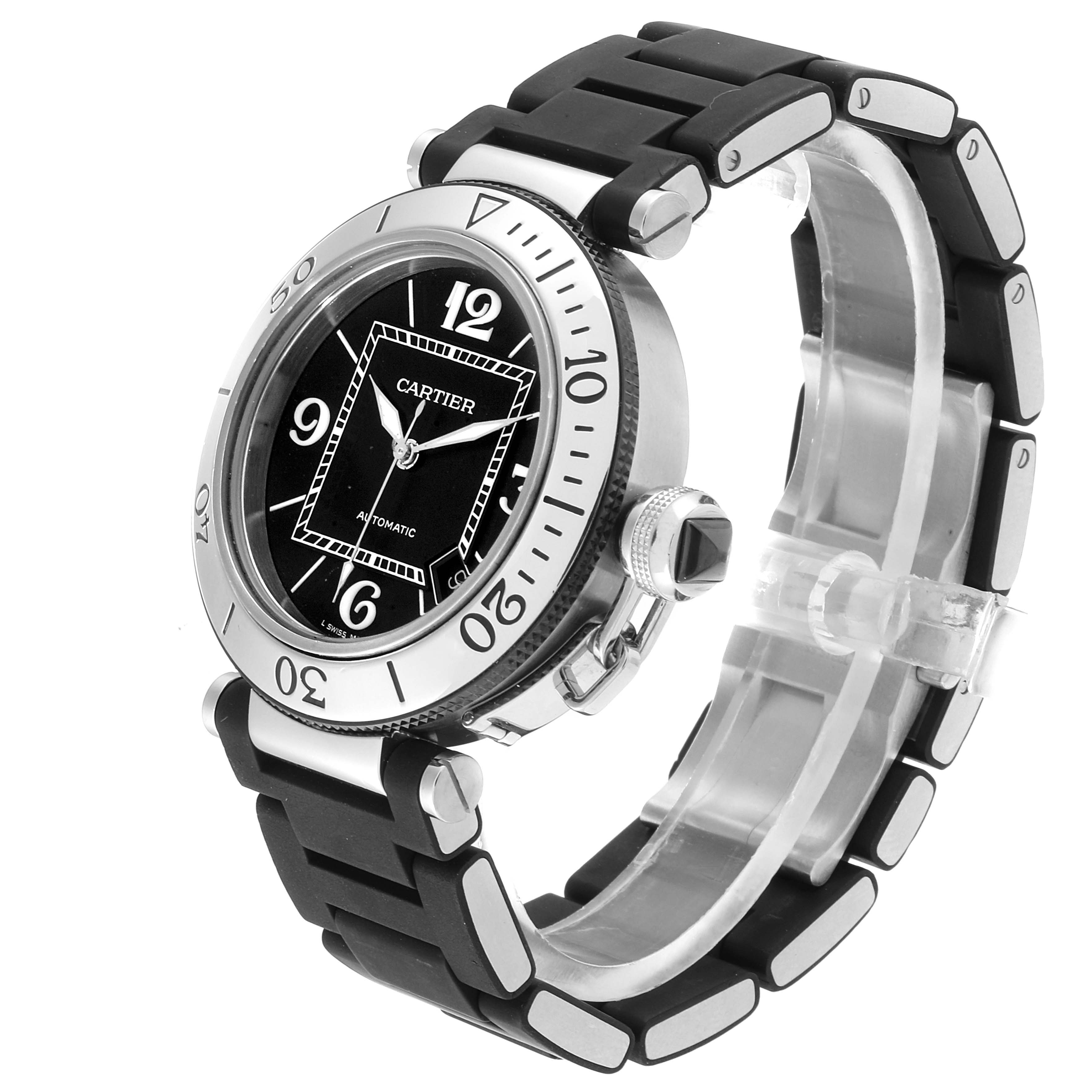This image shows a Cartier Pasha W31088U2 Men
s Stainless Steel Black Dial W31088U2 Men
s Stainless Steel Black Dial watch from an angled front view, highlighting its black dial, bezel, crown, and rubber strap.