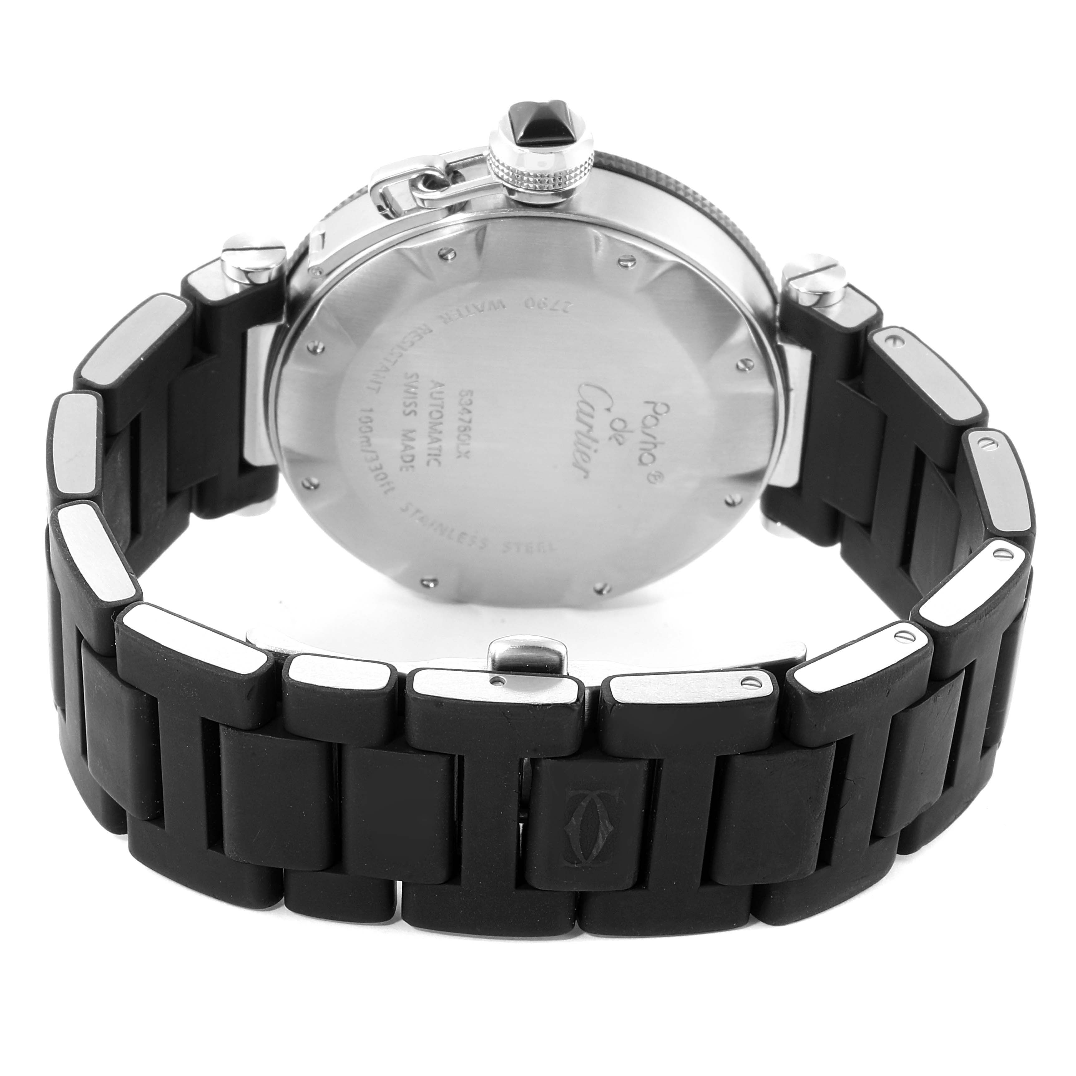 The image shows the back case and part of the rubber strap of a Cartier Pasha W31088U2 Men
s Stainless Steel Black Dial W31088U2 Men
s Stainless Steel Black Dial watch.