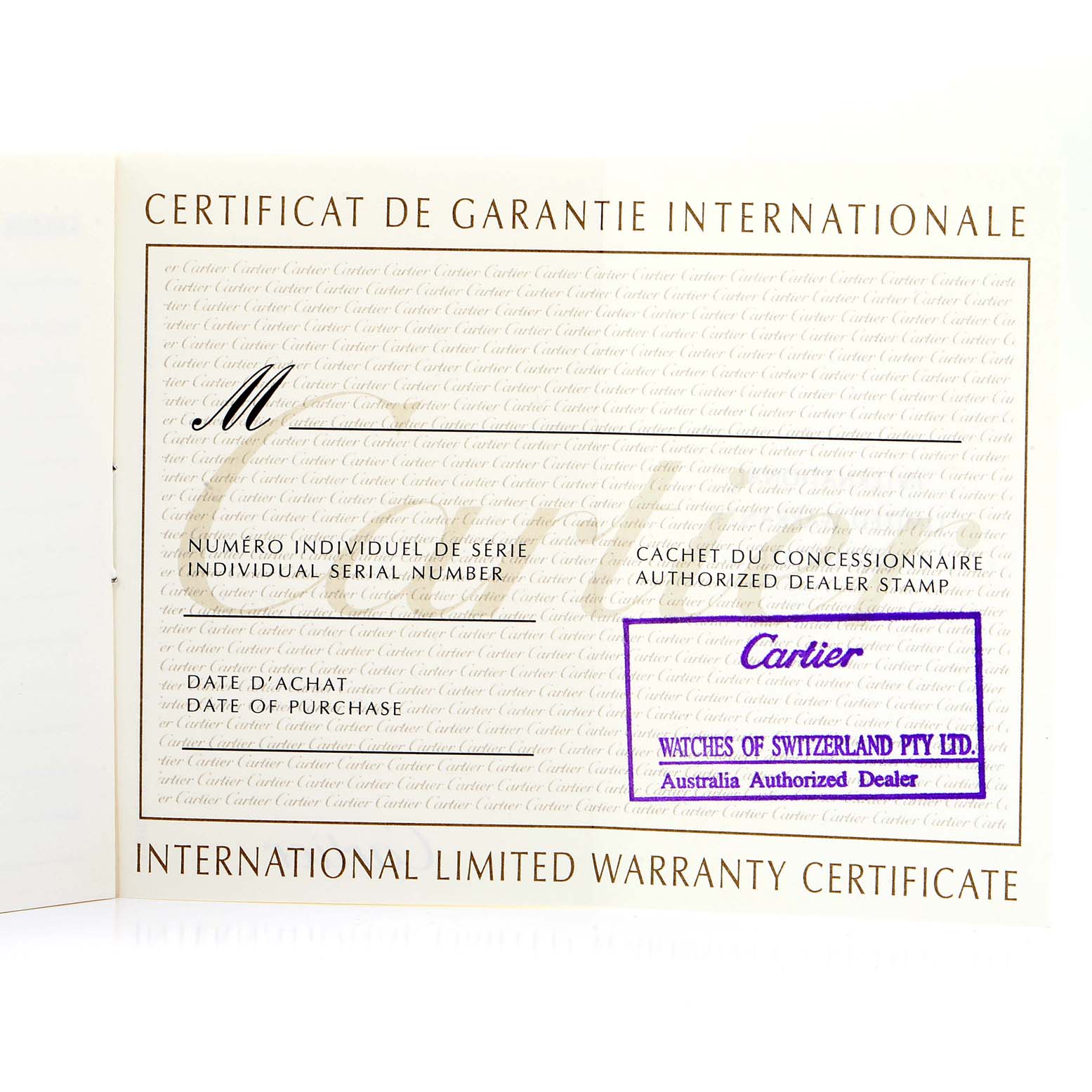The image shows the international limited warranty certificate for the Cartier Pasha W31088U2 Men
s Stainless Steel Black Dial W31088U2 Men
s Stainless Steel Black Dial model watch.