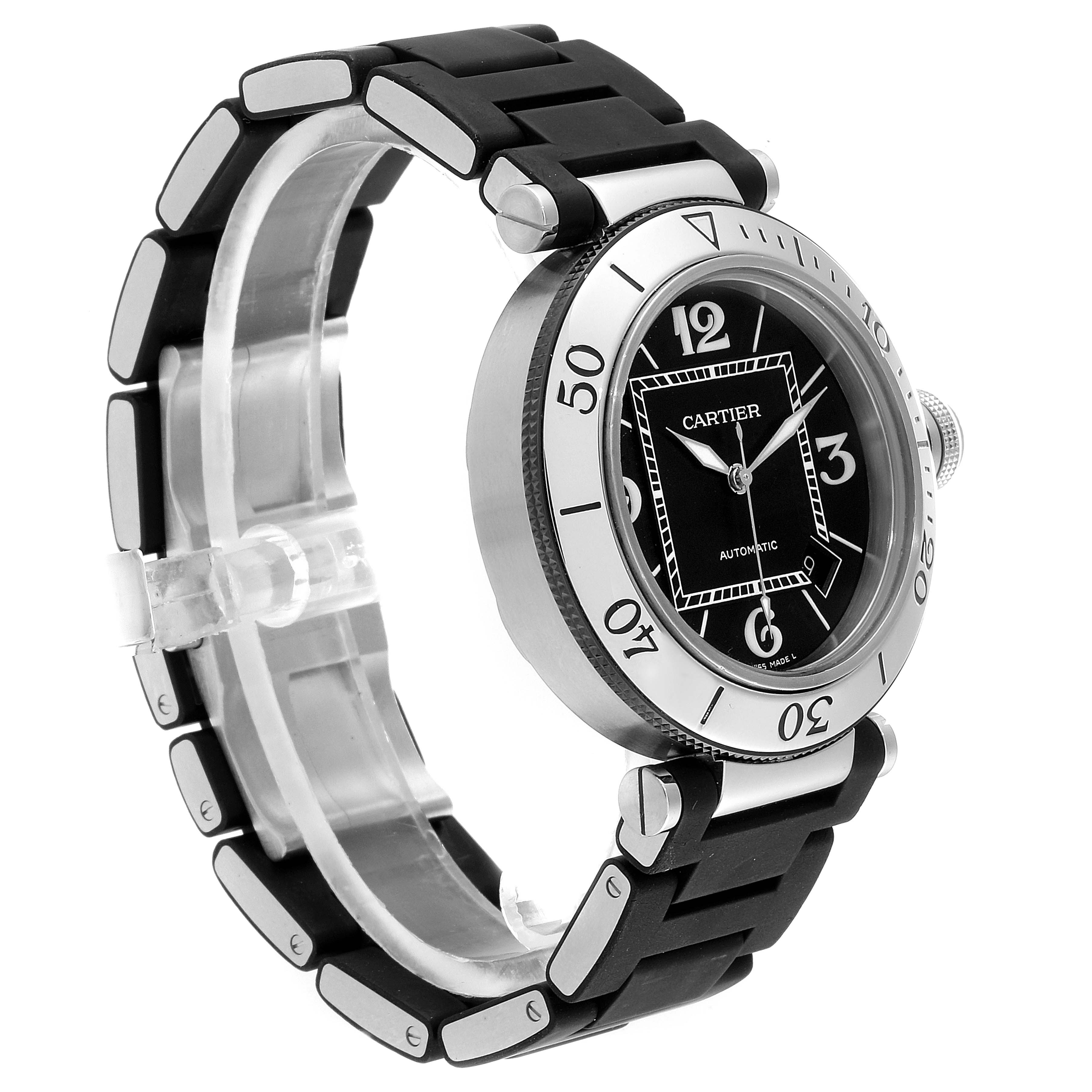 This is a Cartier Pasha W31088U2 Men
s Stainless Steel Black Dial W31088U2 Men
s Stainless Steel Black Dial watch shown at a three-quarter angle, displaying the face, bezel, and part of the band.