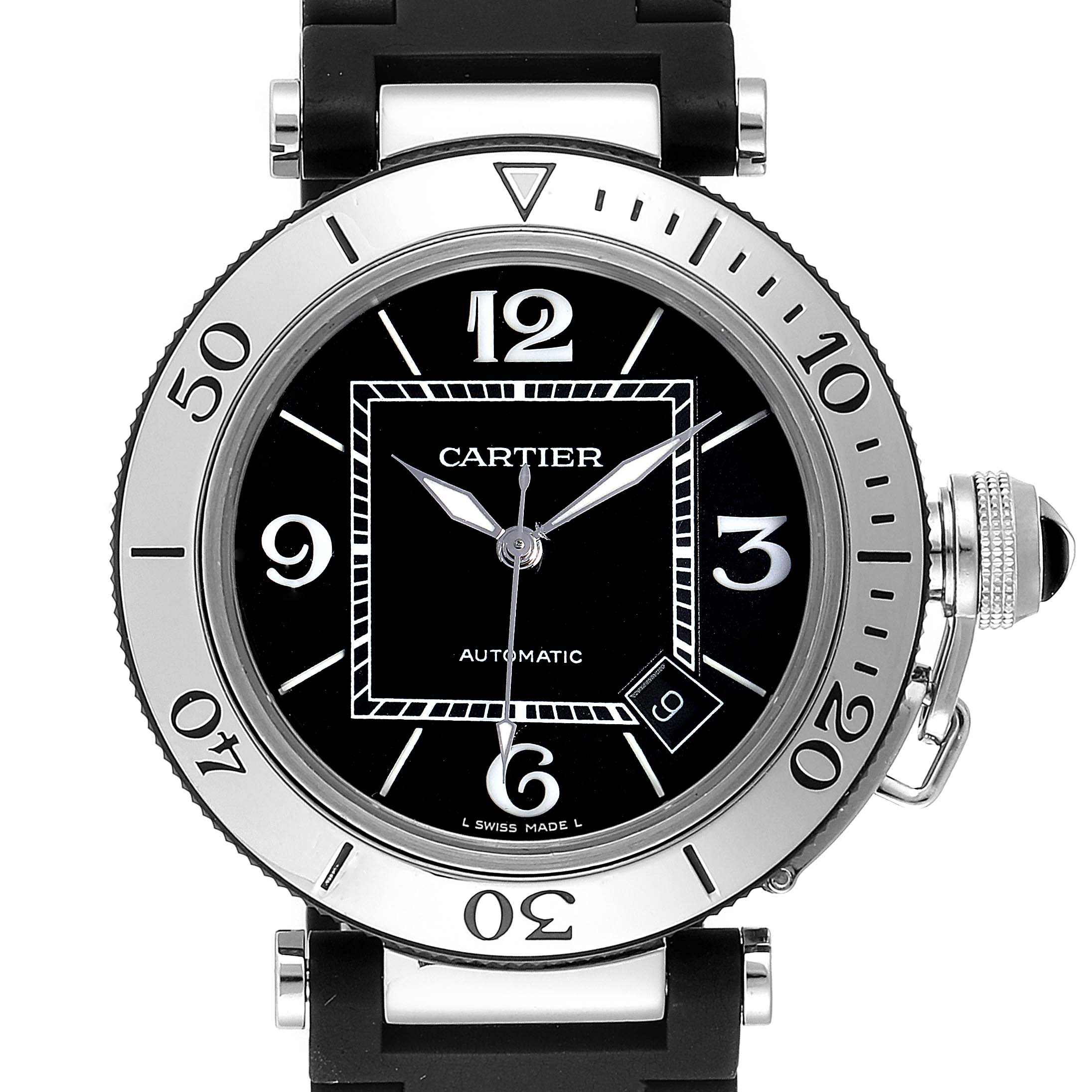 This image shows a front view of the Cartier Pasha W31088U2 Men
s Stainless Steel Black Dial W31088U2 Men
s Stainless Steel Black Dial watch, displaying its dial, hands, bezel, and crown.