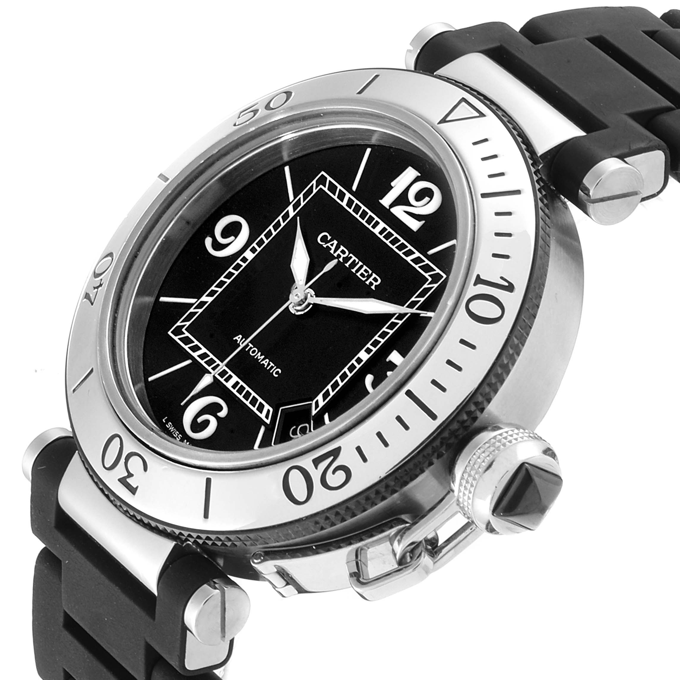 The Cartier Pasha W31088U2 Men
s Stainless Steel Black Dial W31088U2 Men
s Stainless Steel Black Dial watch is shown at an angled close-up, highlighting the bezel, dial, crown, and part of the rubber strap.