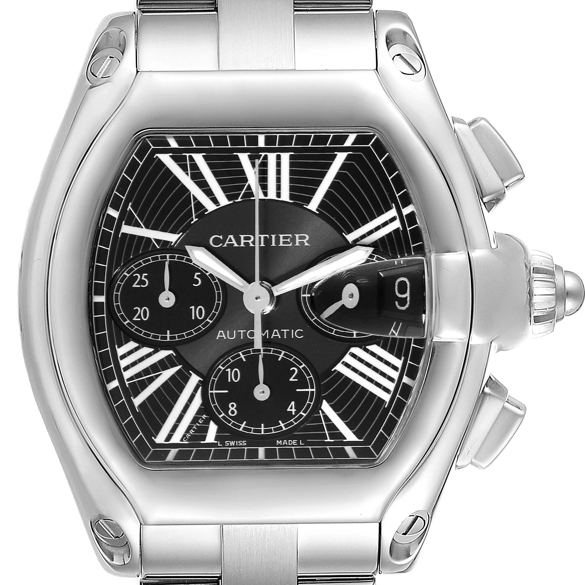 This image shows a front view of the Cartier Roadster W62020X6 Men's Stainless Steel Black Dial W62020X6 Men's Stainless Steel Black Dial watch, highlighting the dial, hands, and case.
