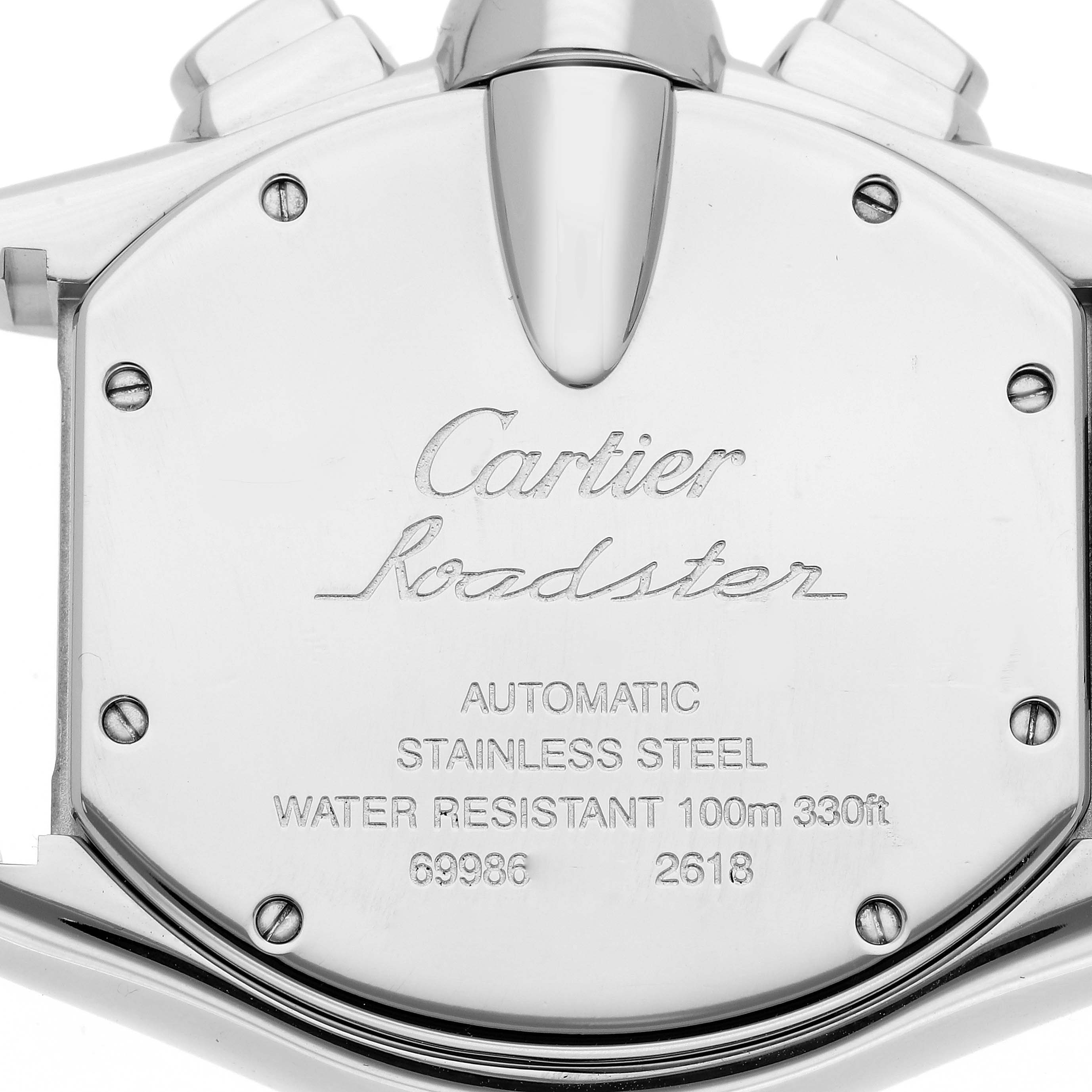 This image shows the back case of a Cartier Roadster W62020X6 Men's Stainless Steel Black Dial W62020X6 Men's Stainless Steel Black Dial watch, displaying its model information and specifications.