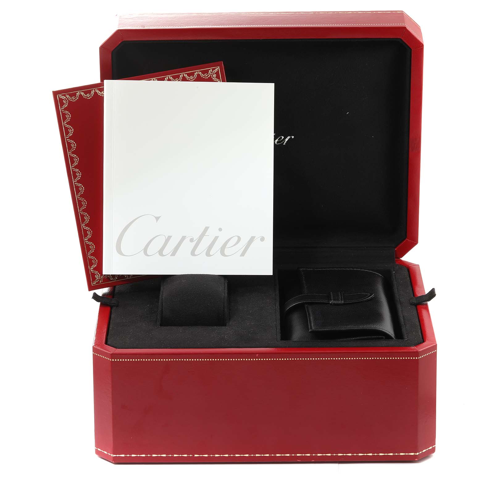 The image shows the open box of a Cartier Roadster W62020X6 Men's Stainless Steel Black Dial W62020X6 Men's Stainless Steel Black Dial watch, showcasing documents and protective accessories.
