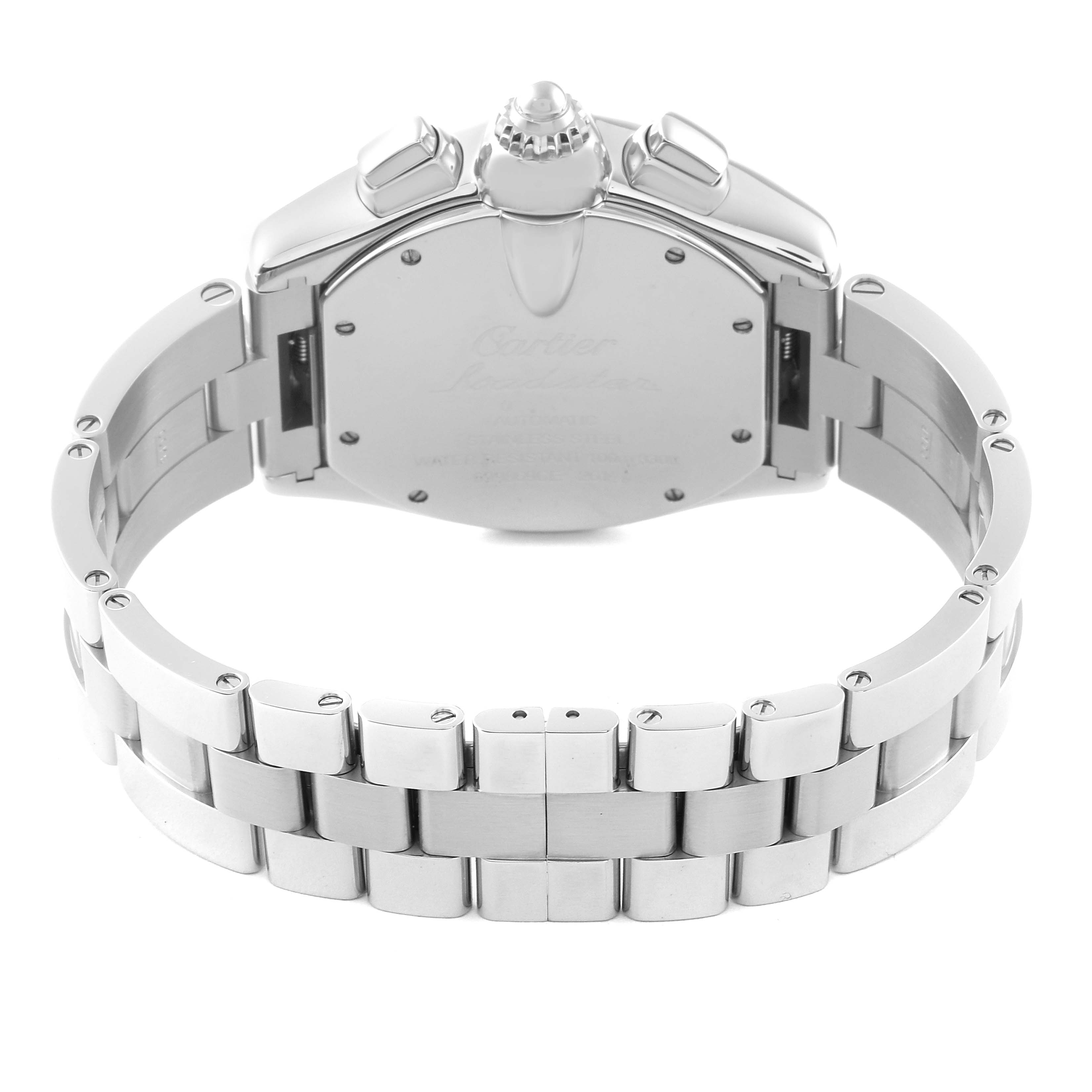 The image shows the backside and bracelet of a Cartier Roadster W62020X6 Men's Stainless Steel Black Dial W62020X6 Men's Stainless Steel Black Dial watch from a rear view angle.