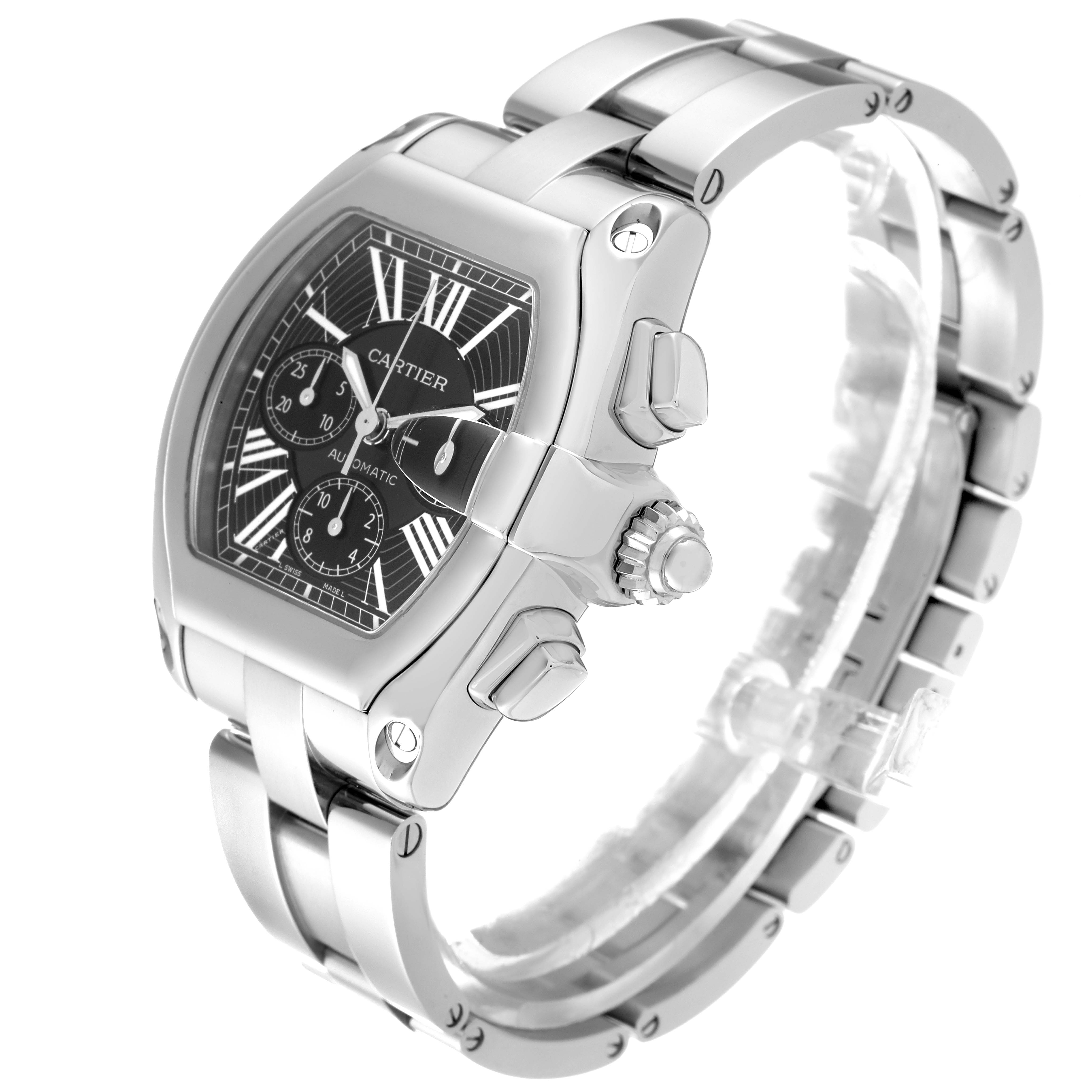 The Cartier Roadster W62020X6 Men's Stainless Steel Black Dial W62020X6 Men's Stainless Steel Black Dial watch is shown at a three-quarter angle highlighting the face, band, and side detailing of the model.
