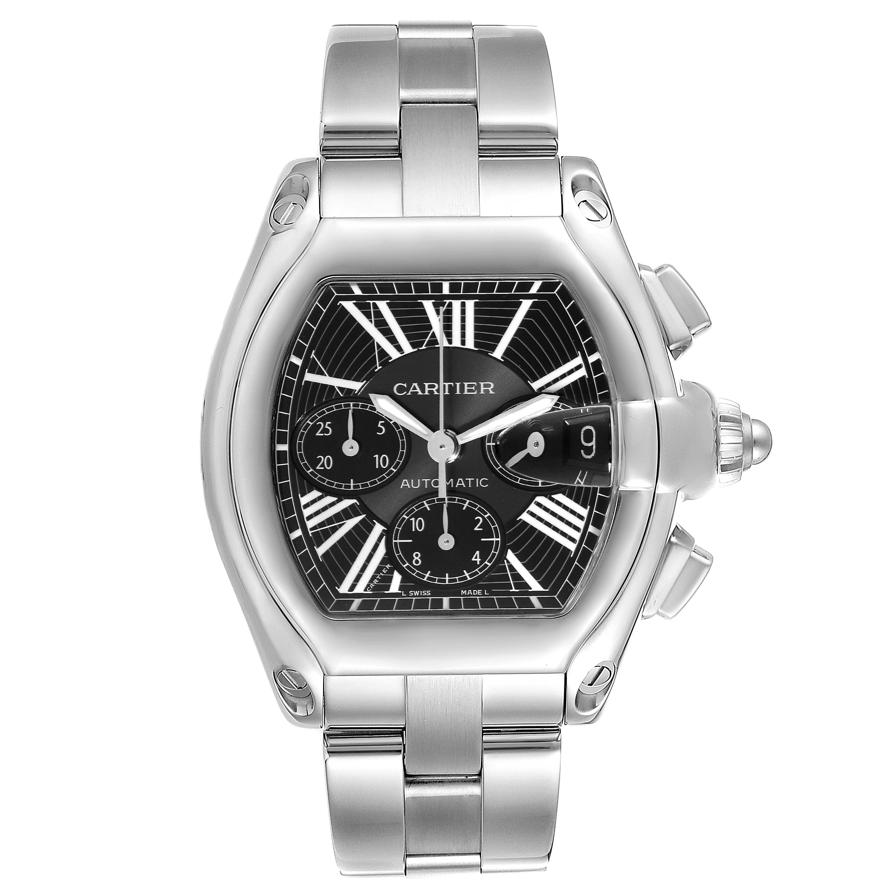 The image shows a front view of a Cartier Roadster W62020X6 Men's Stainless Steel Black Dial W62020X6 Men's Stainless Steel Black Dial model watch, displaying the face, bracelet, and crown.