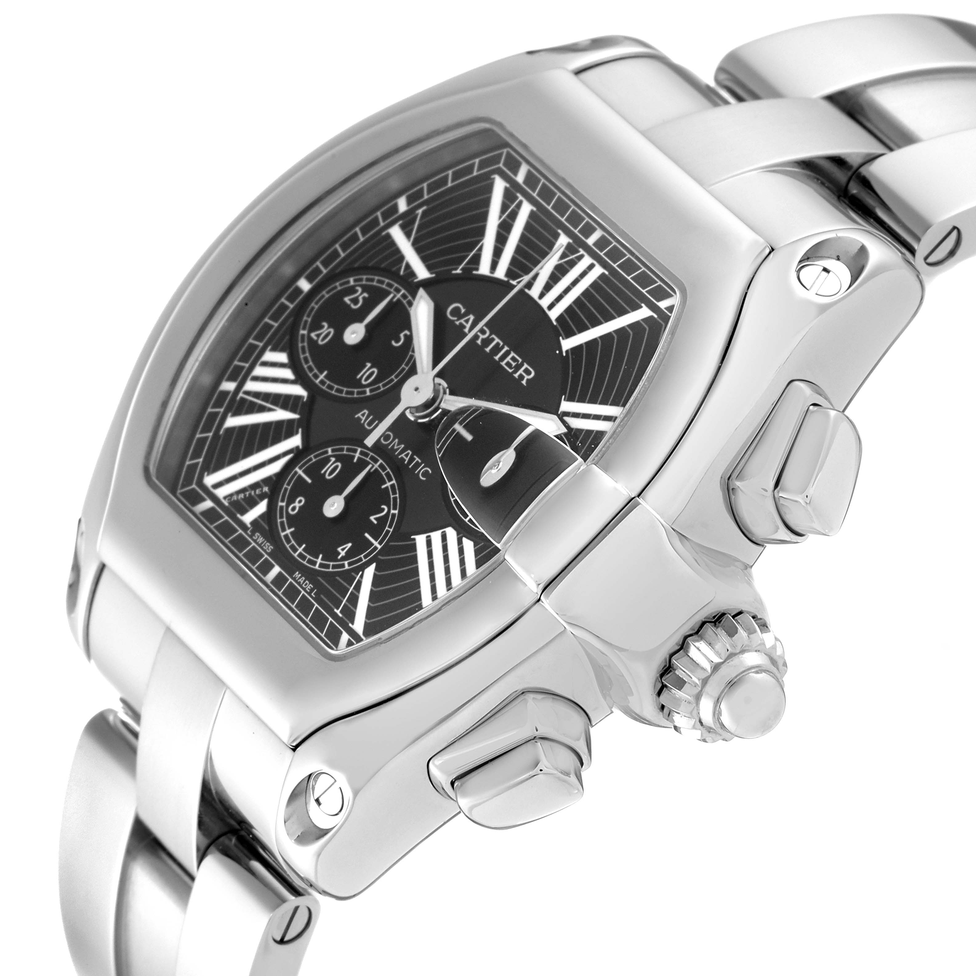 The image shows a Cartier Roadster W62020X6 Men's Stainless Steel Black Dial W62020X6 Men's Stainless Steel Black Dial watch from a slightly angled side view, highlighting the dial, crown, and part of the bracelet.