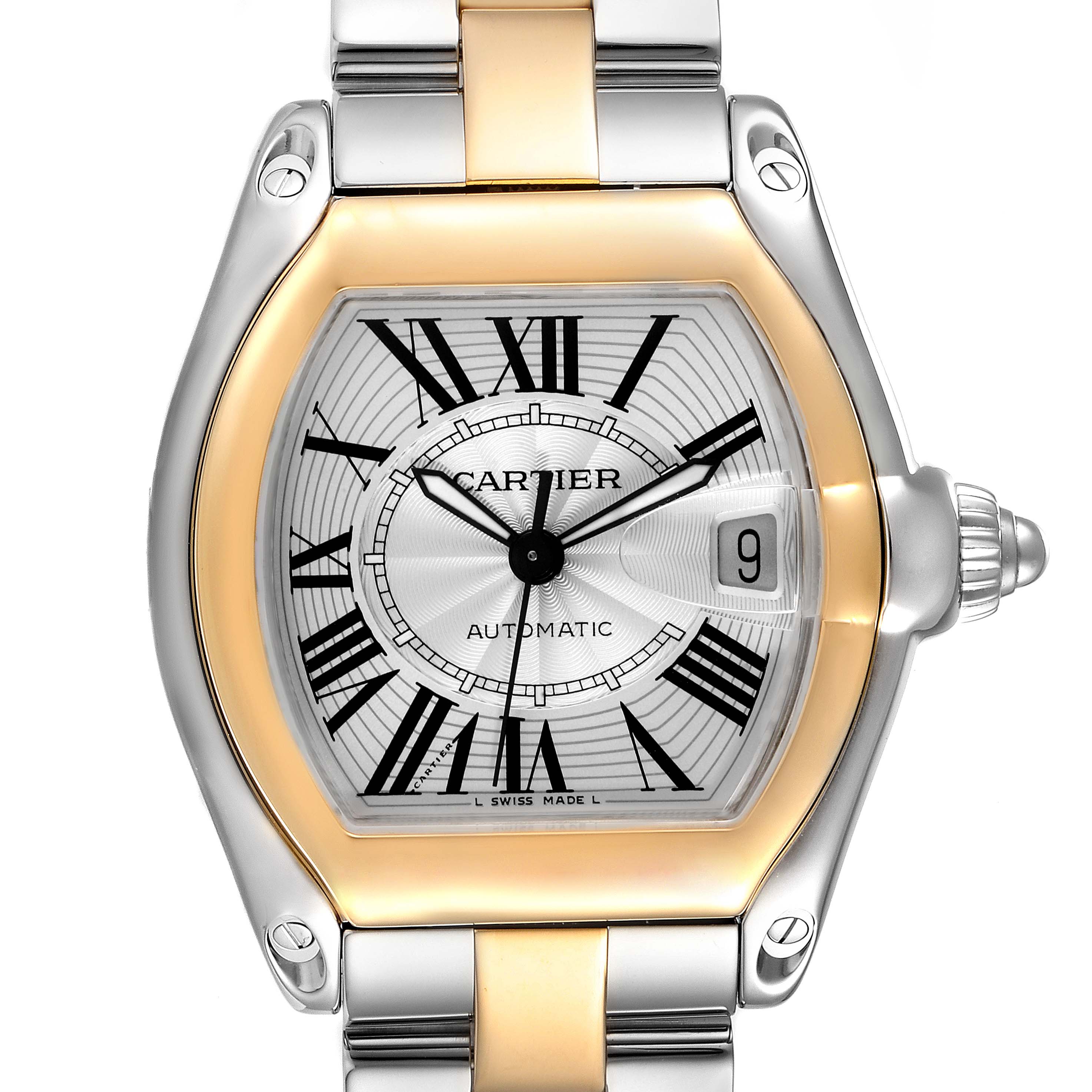This image shows a front view of a Cartier Roadster W62031Y4 Men's Steel and Gold (two tone) Silver Dial W62031Y4 Men's Steel and Gold (two tone) Silver Dial watch, including the face, bezel, and part of the strap.