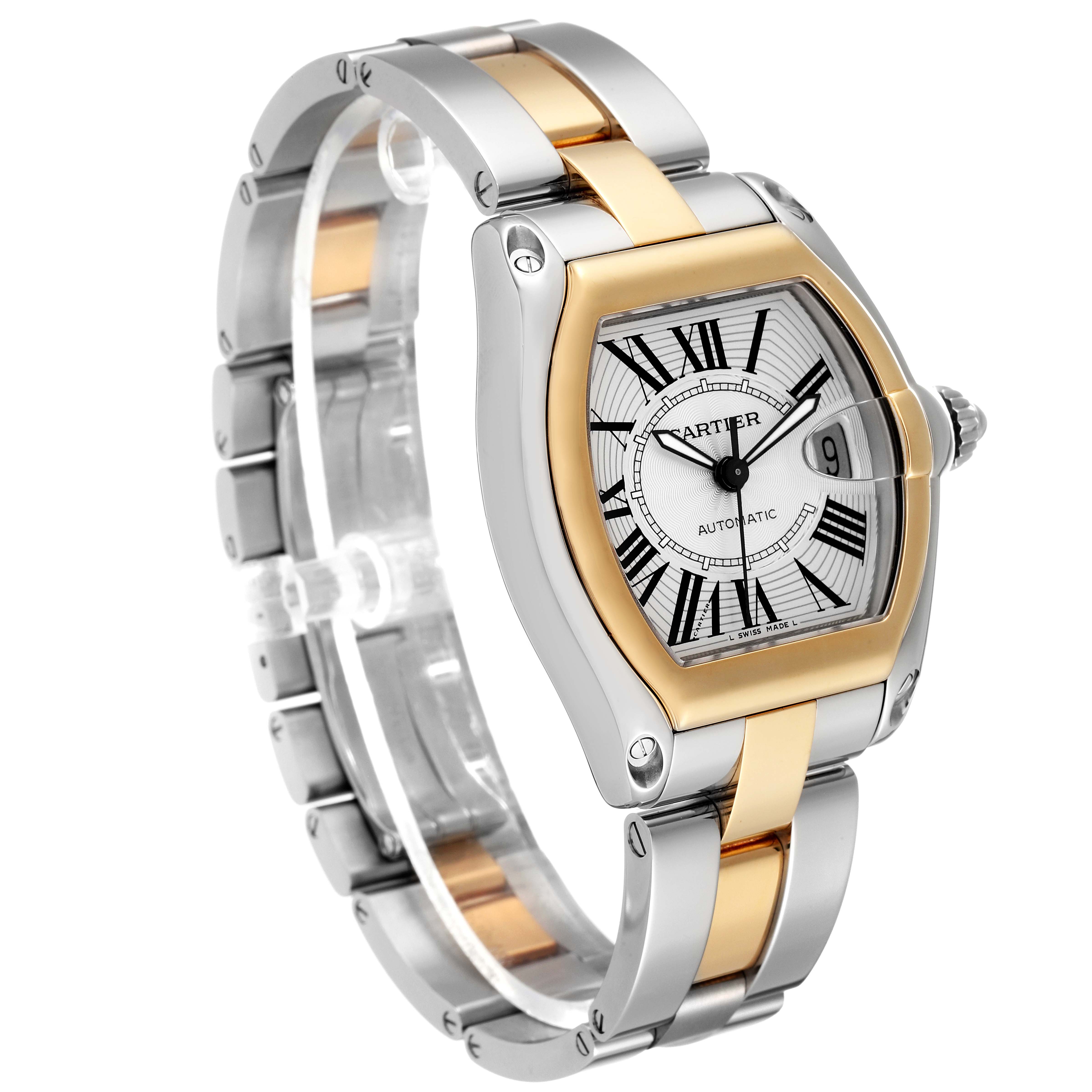 The Cartier Roadster W62031Y4 Men's Steel and Gold (two tone) Silver Dial W62031Y4 Men's Steel and Gold (two tone) Silver Dial watch is shown at a 3/4 angle, highlighting its two-tone band, dial, and case.