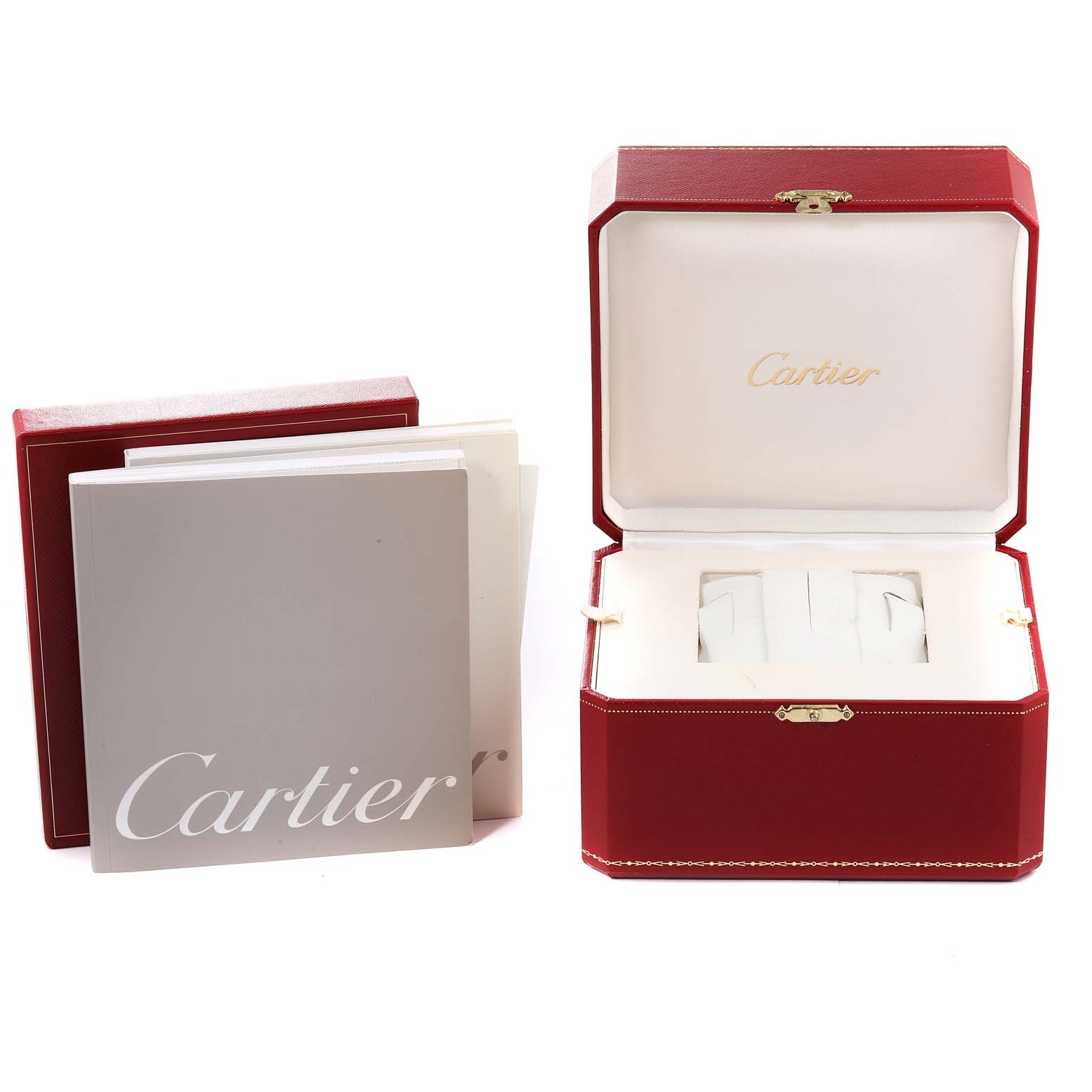 The image shows the packaging and manuals for a Cartier Roadster W62031Y4 Men's Steel and Gold (two tone) Silver Dial W62031Y4 Men's Steel and Gold (two tone) Silver Dial watch, including a red watch box and branded booklets.