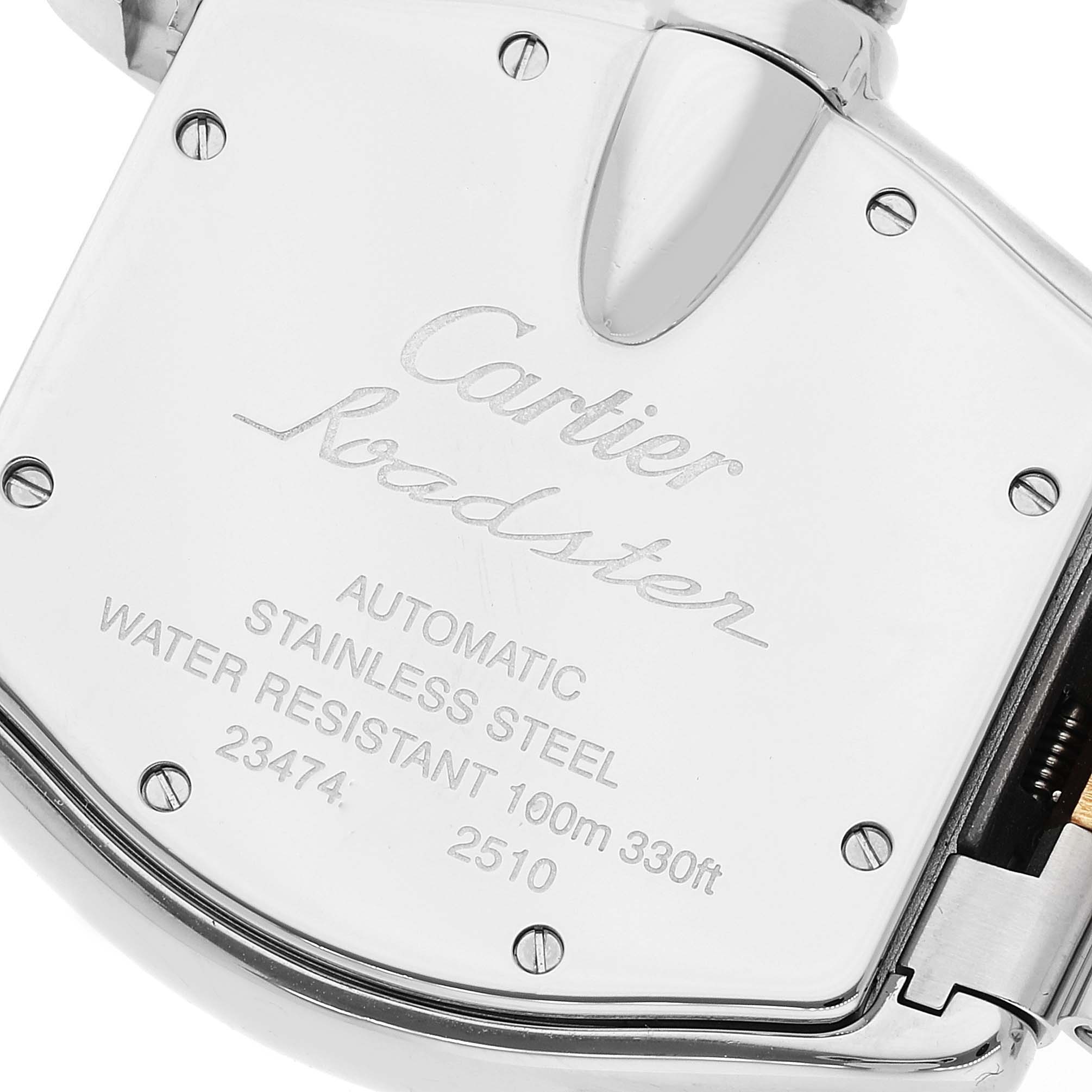 The image shows the back case of a Cartier Roadster W62031Y4 Men's Steel and Gold (two tone) Silver Dial W62031Y4 Men's Steel and Gold (two tone) Silver Dial watch, inscribed with model details and features.