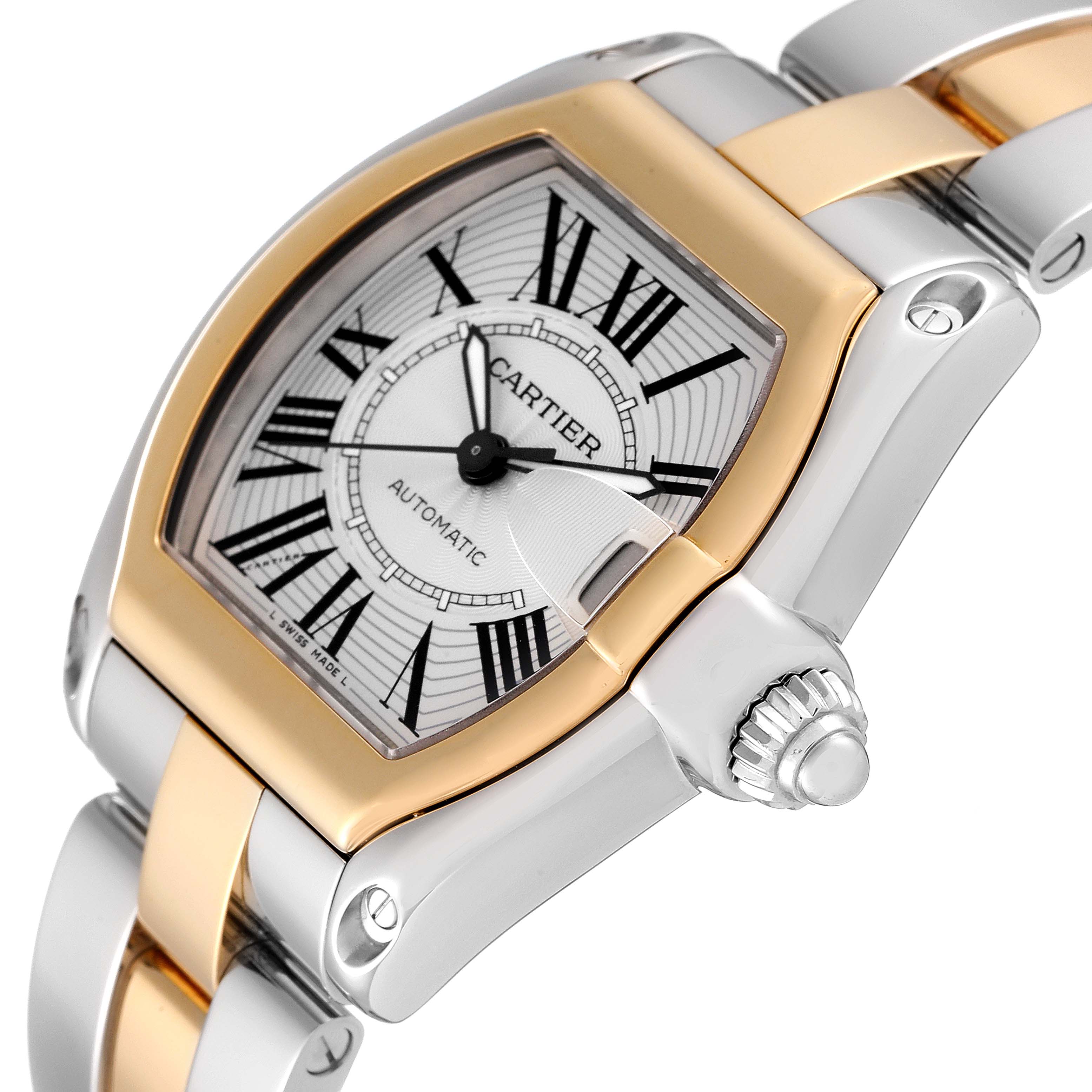 The image shows the Cartier Roadster W62031Y4 Men's Steel and Gold (two tone) Silver Dial W62031Y4 Men's Steel and Gold (two tone) Silver Dial watch at an angled close-up, highlighting the dial, bezel, crown, and bracelet.